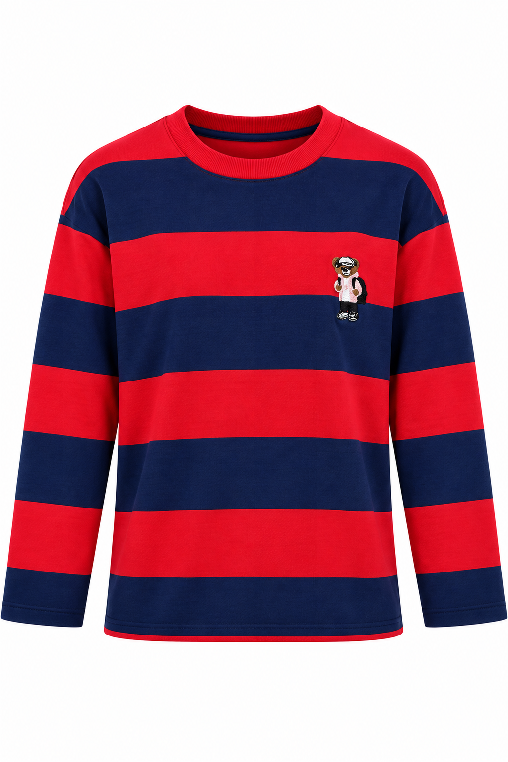 Kadın Uzun Kollu Çizgili Ayıcık Desenli Sweatshirt Kırmızı