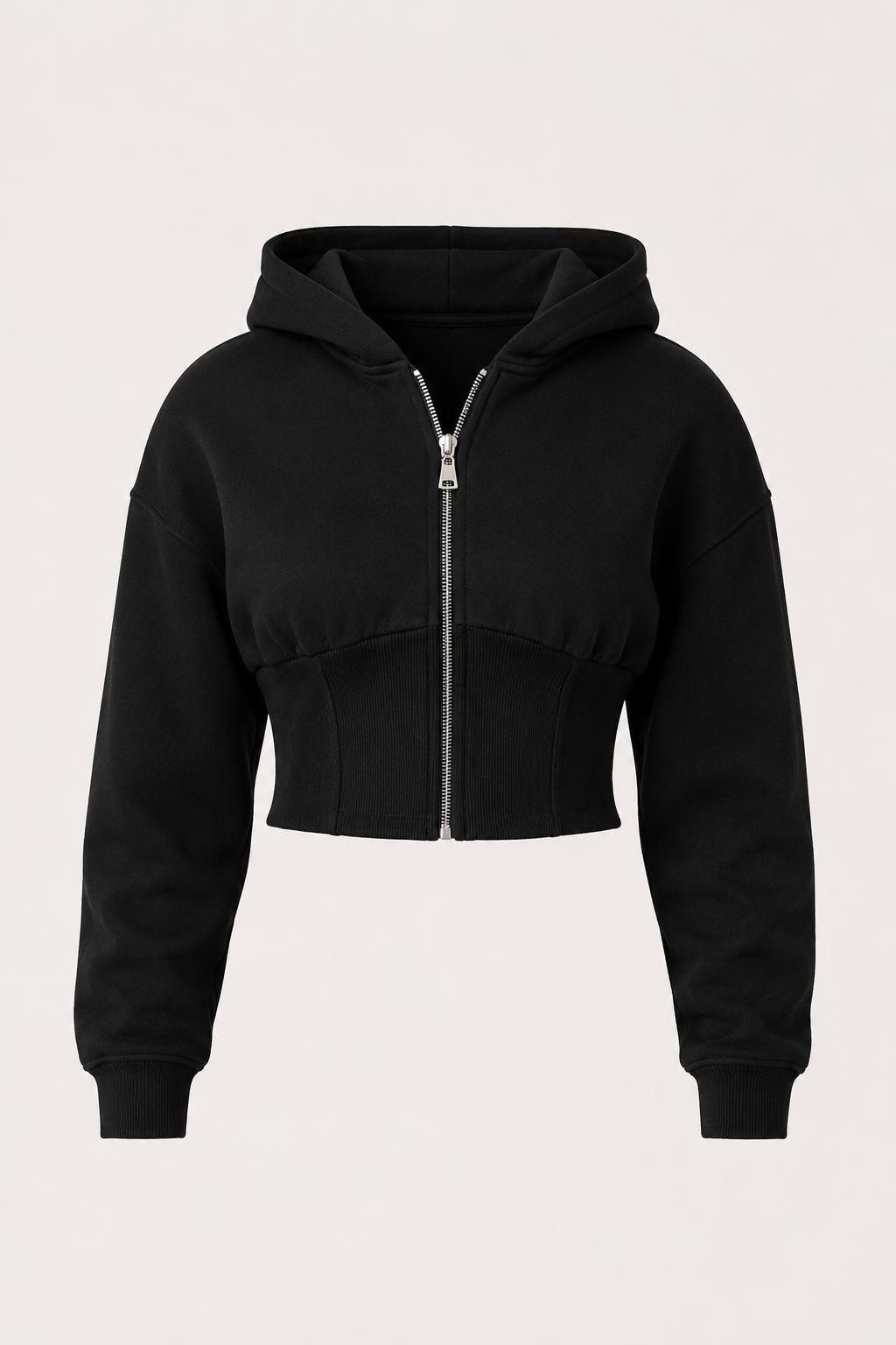 Bel Detaylı Fermuarlı Crop Sweatshirt Siyah