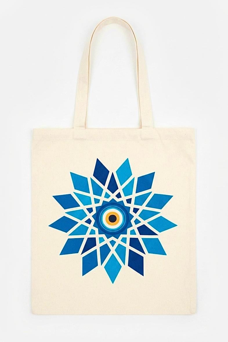 Kadın Nazar Boncuğu Tasarımlı Geometrik Mandala Desenli 40X32 Ölçülü Bez Omuz Çantası Mavi