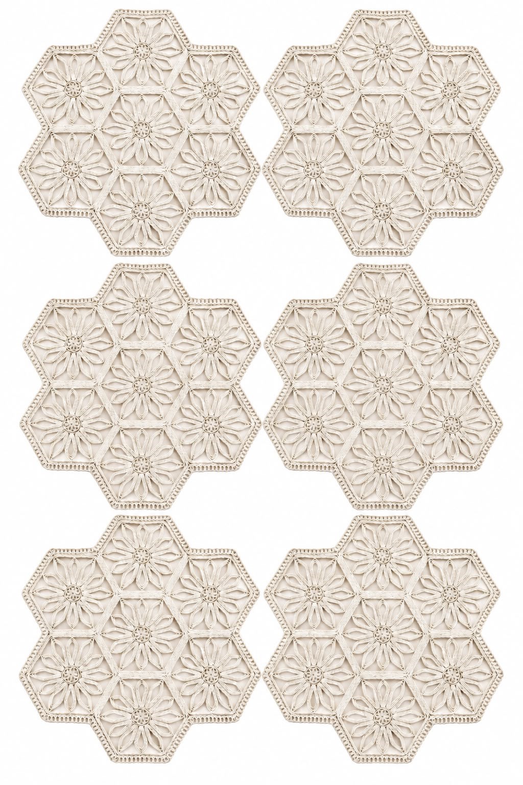6'lı Geometrik Desenli Çiçek Motifli Runner Beyaz
