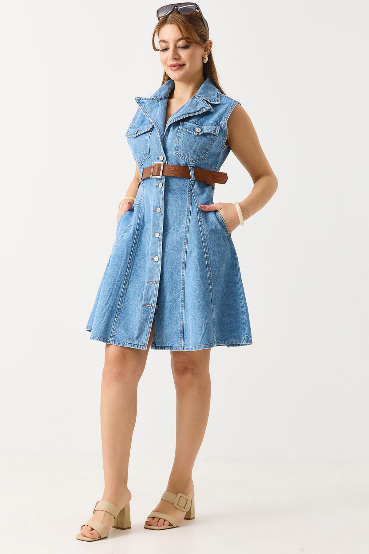 Kemerli Önden Düğmeli Kolsuz Denim Elbise Mavi