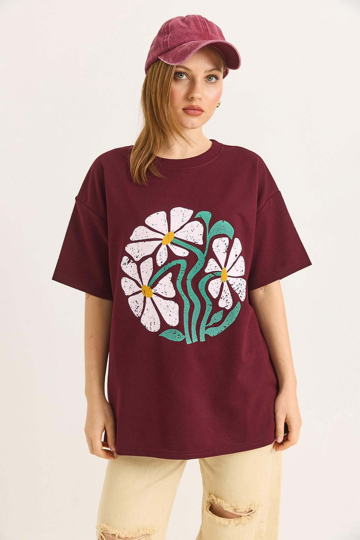Baskılı Bisiklet Yaka Tshirt Bordo