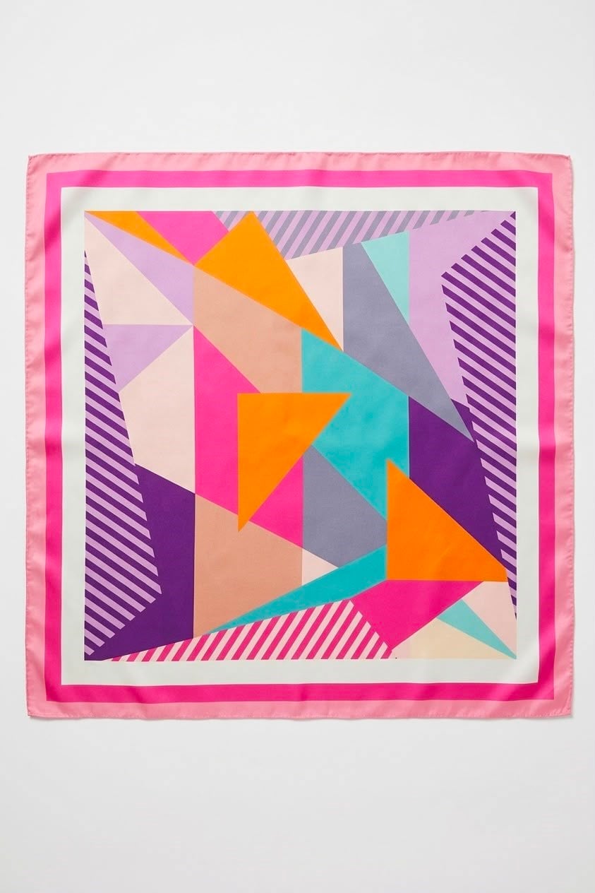 Geometrik Desenli 60X65 Ölçülü Saten Fular Pembe
