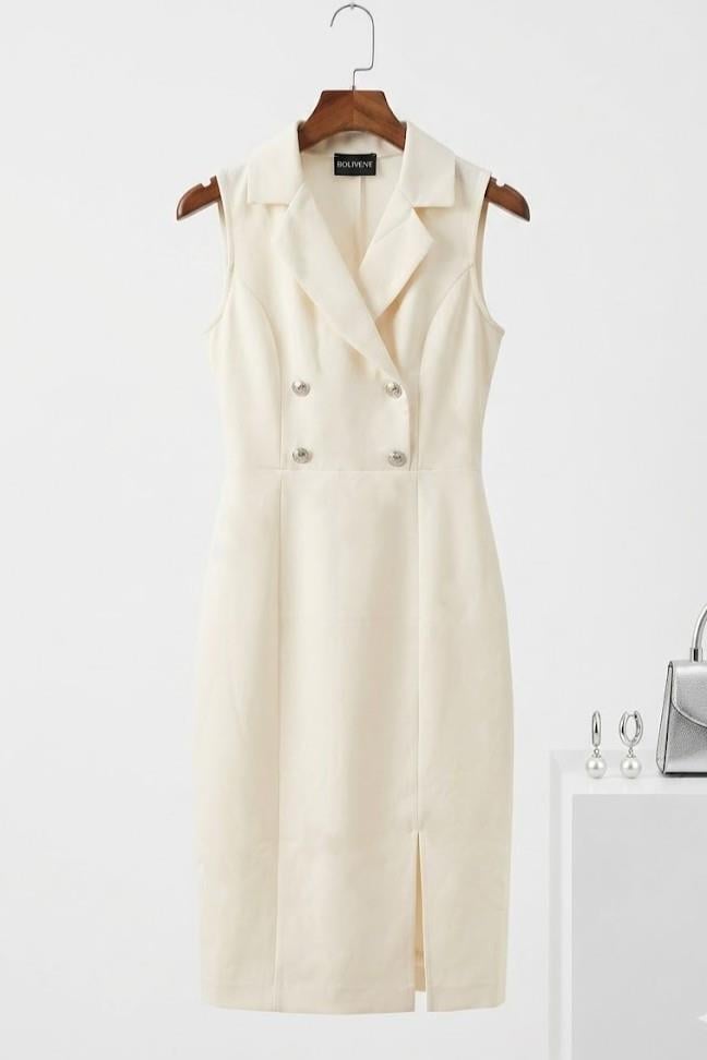 Kadın Kruvaze Yaka Düğme Aksesuarlı Kolsuz Midi Elbise Krem