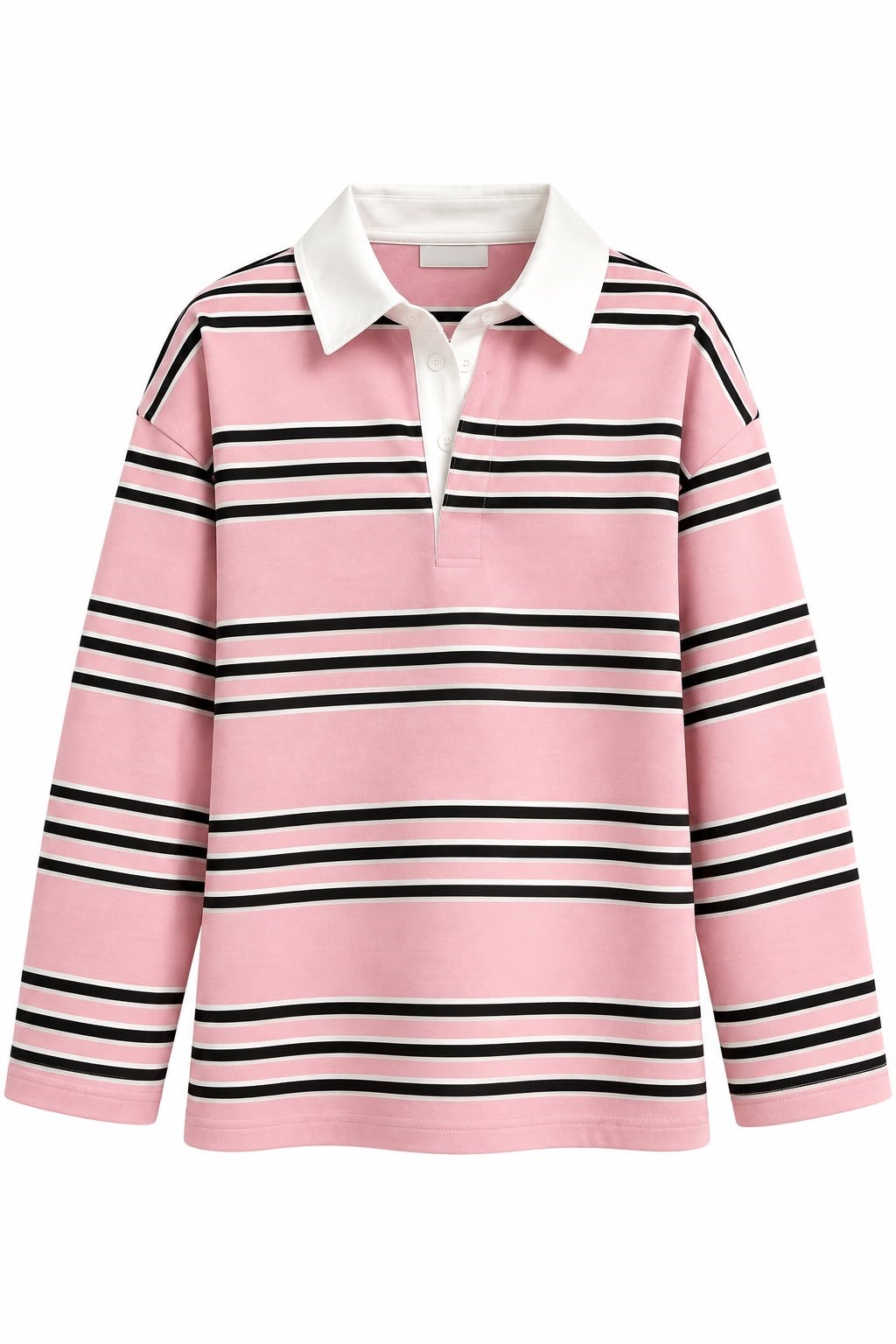 Kadın Çizgili Polo Yaka Sweatshirt Pembe