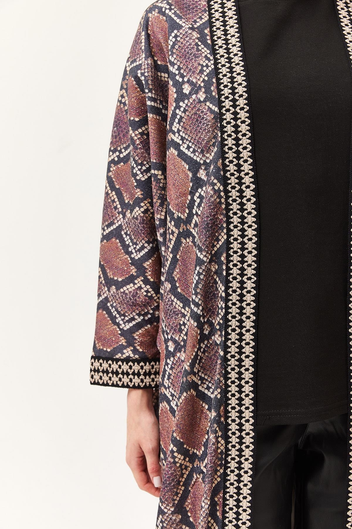 Oversize Şerit Detaylı Kimono Hırka Mürdüm · 4