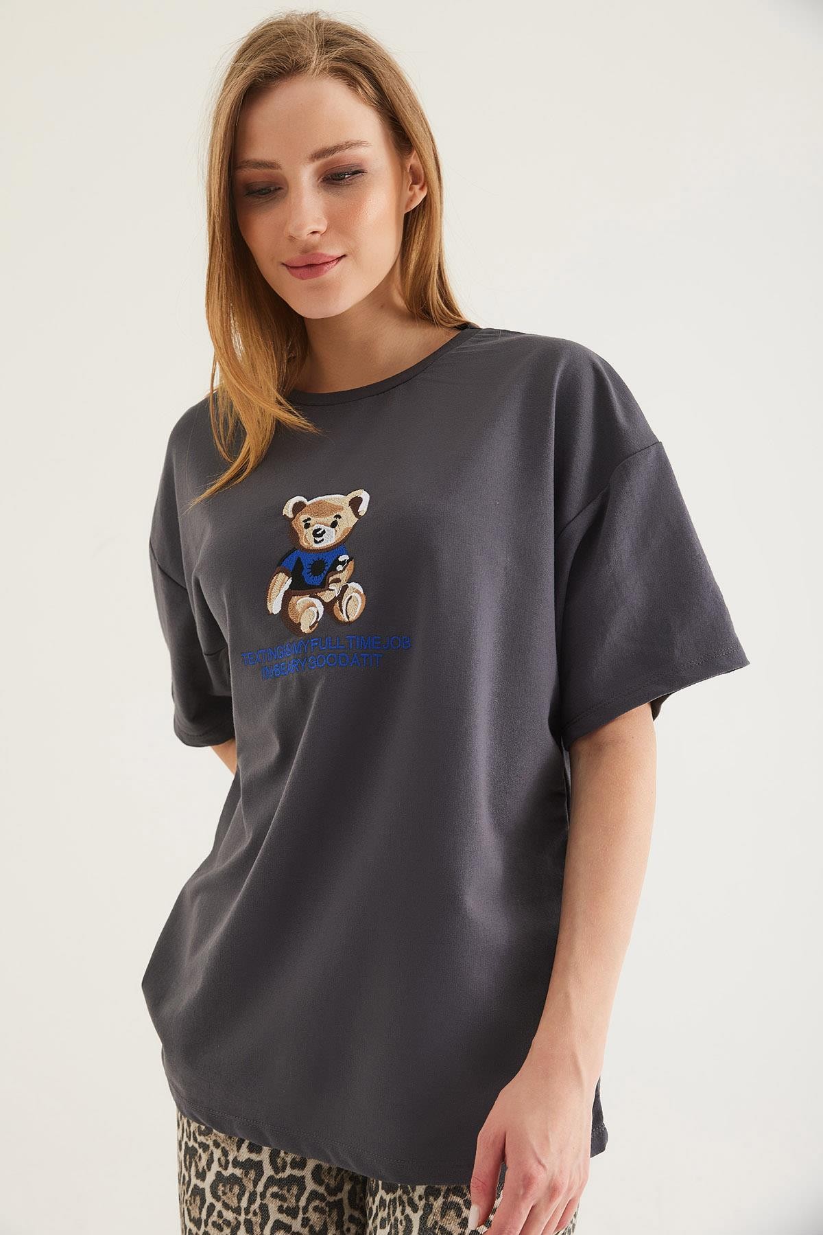 Baskılı Oversize Tshirt Füme