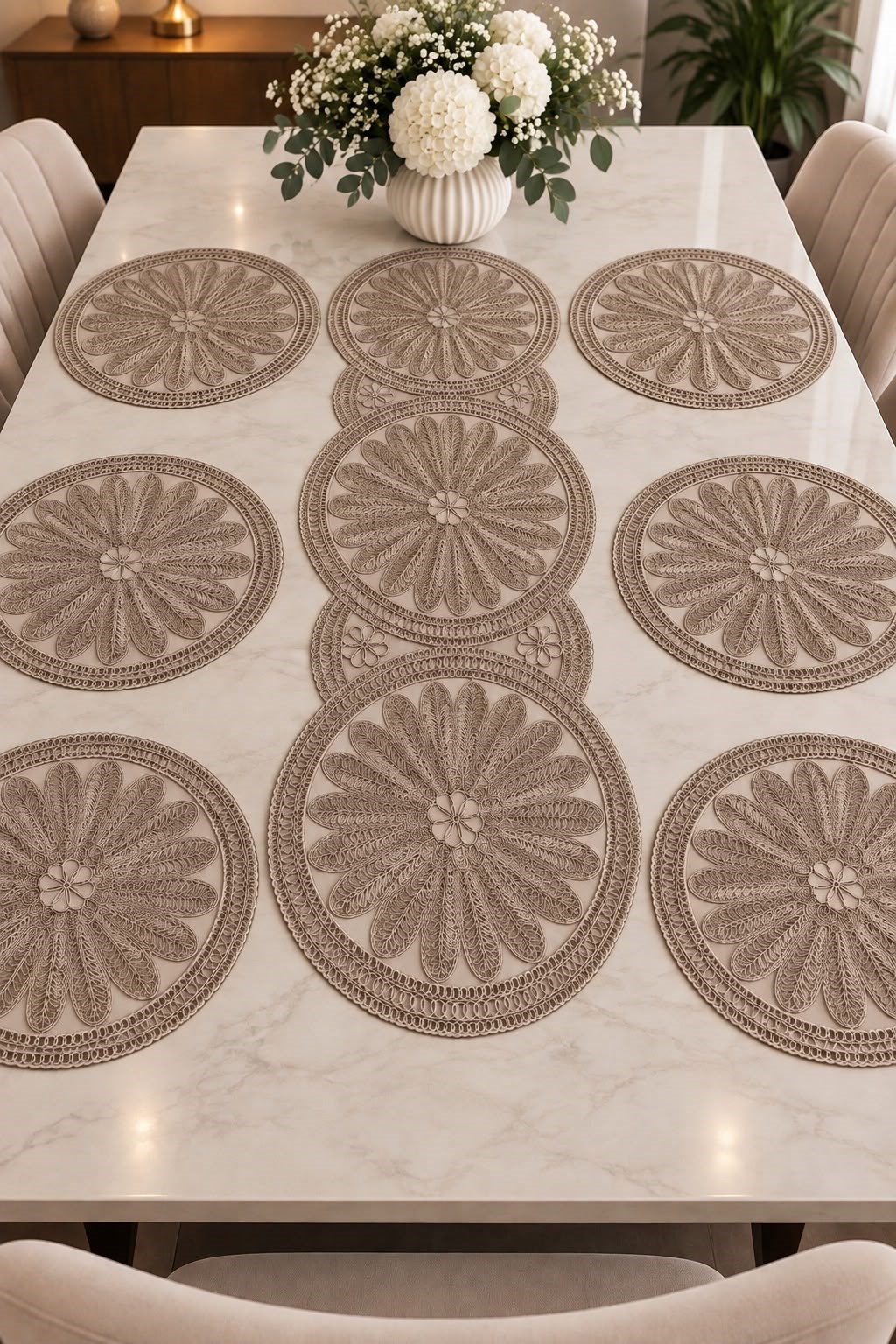 Yuvalar Desenli Motifli 7 Parça Runner Set Vizon 