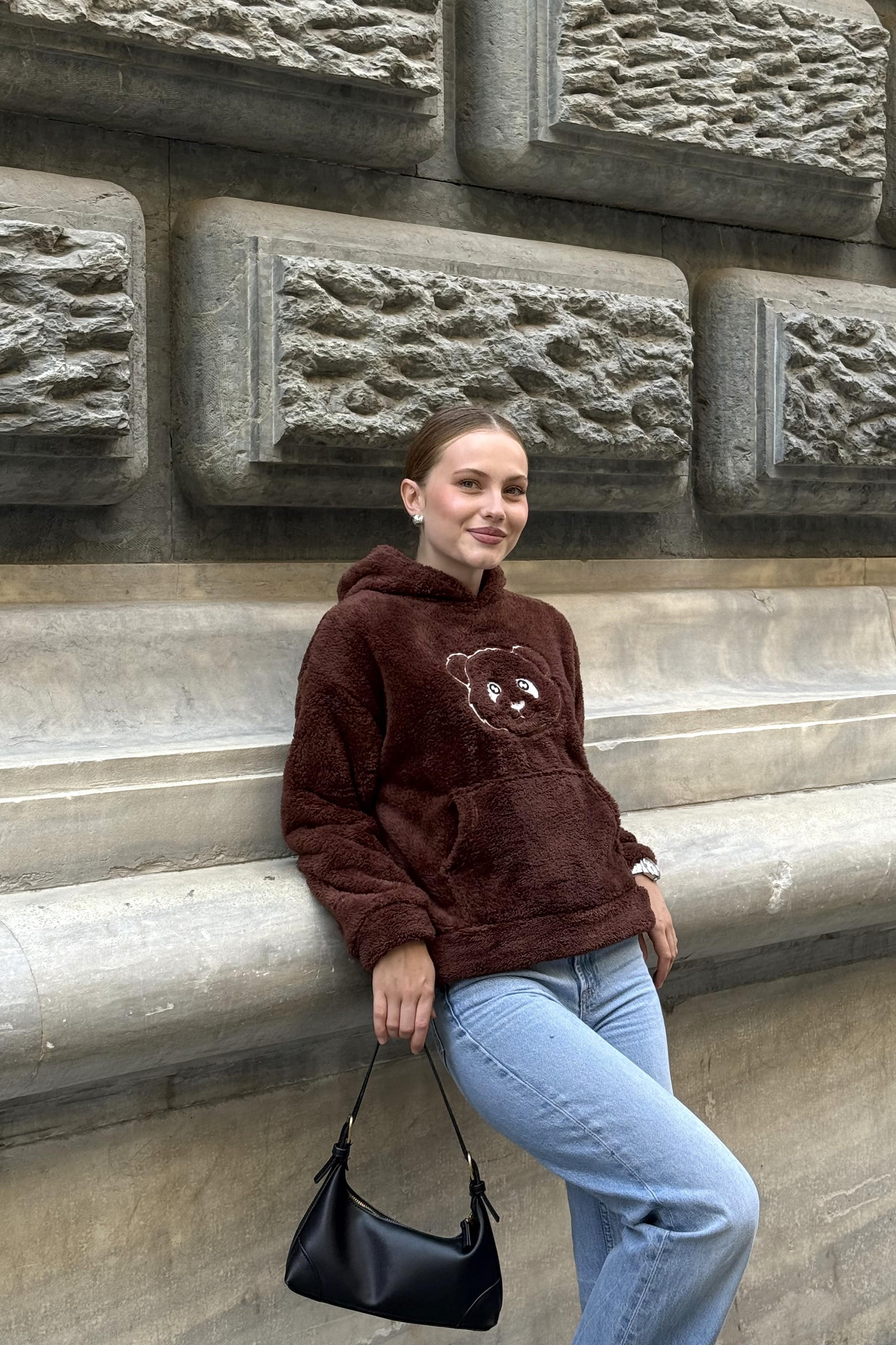 Kapüşonlu Nakış İşlemeli Peluş Sweatshirt  Kahverengi
