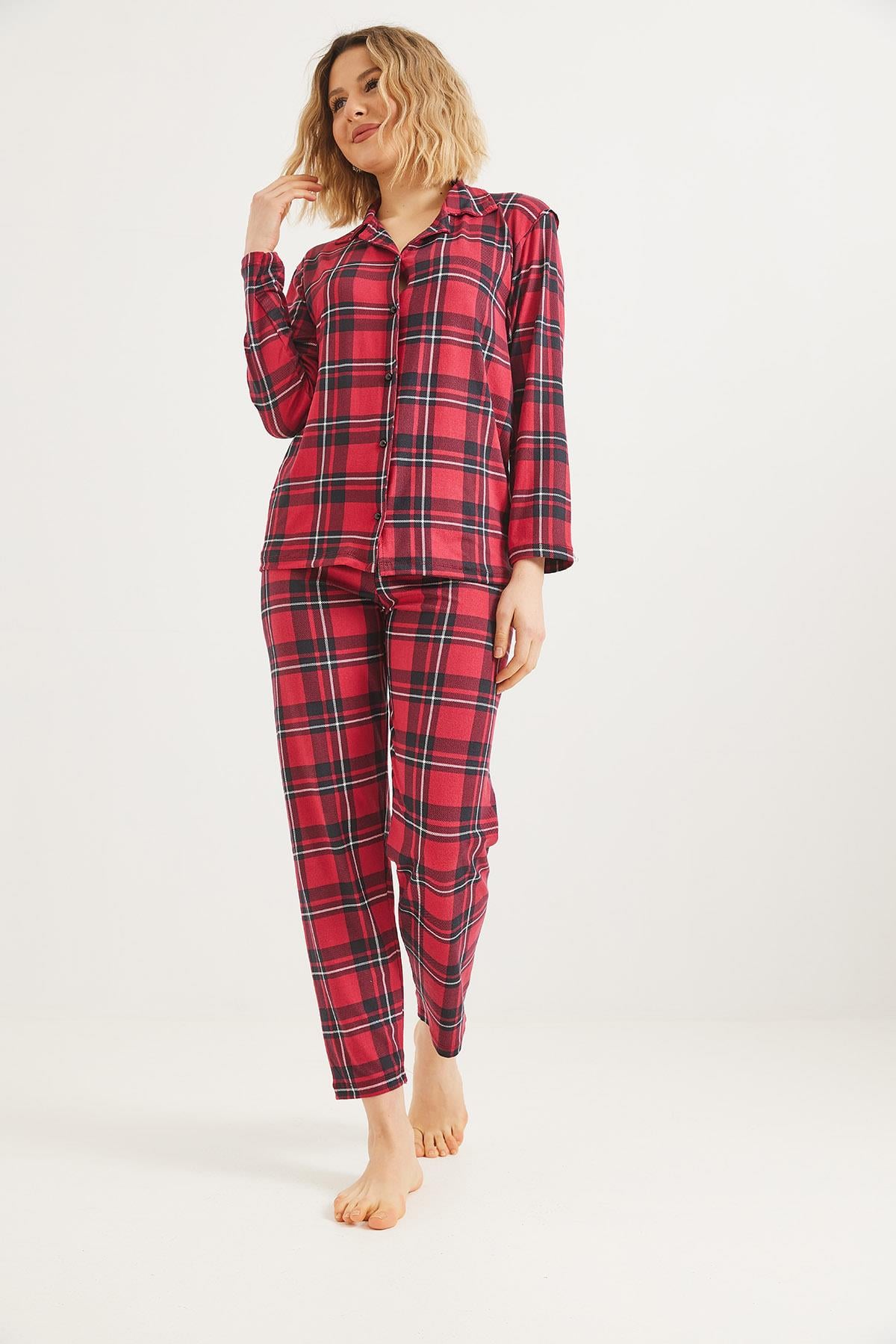 Düğmeli Uzun Kollu Pijama Takımı Kırmızı