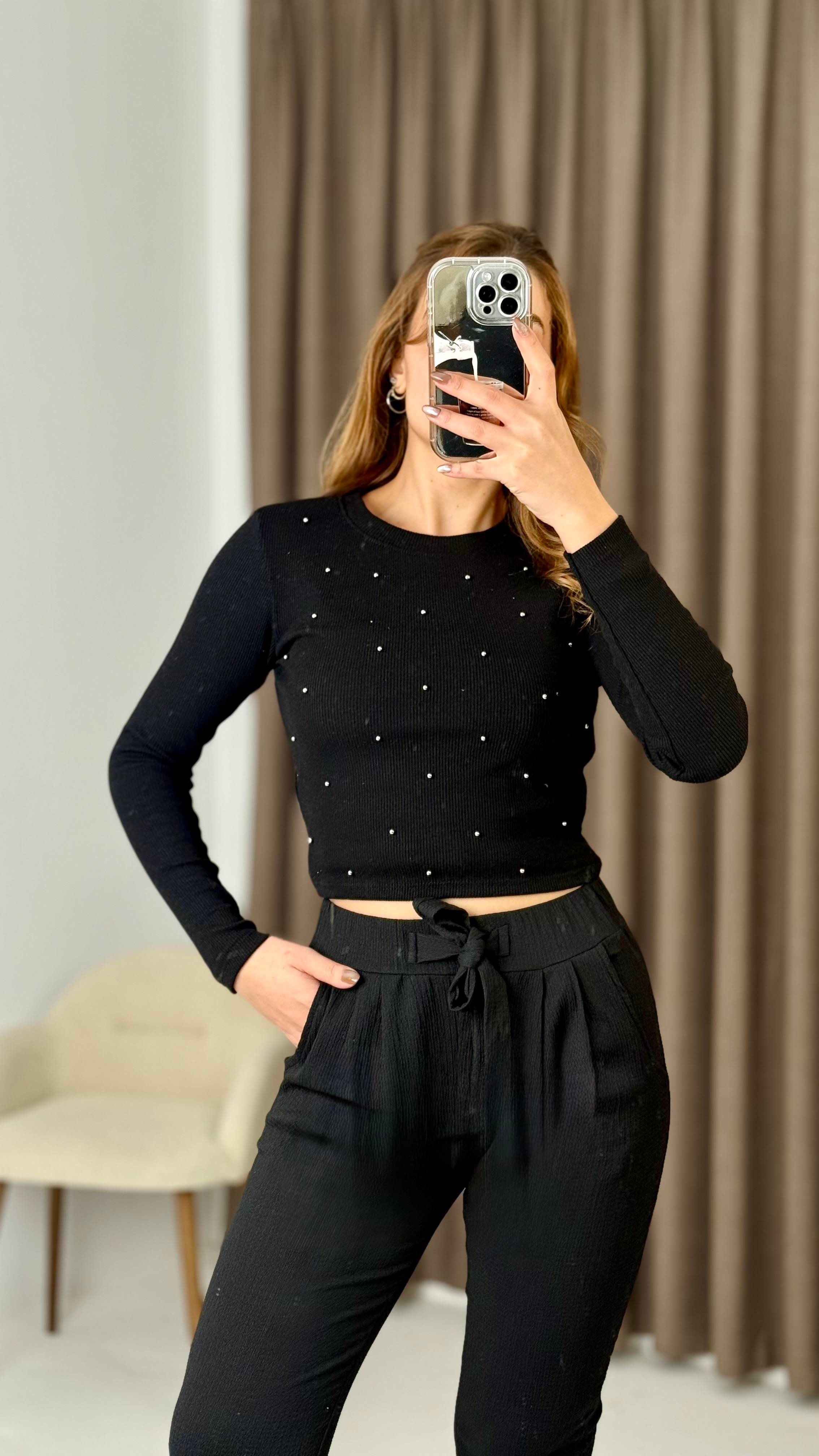 Kadın Uzun Kollu Kaşkorse Taşlı Uzun Bluz Siyah