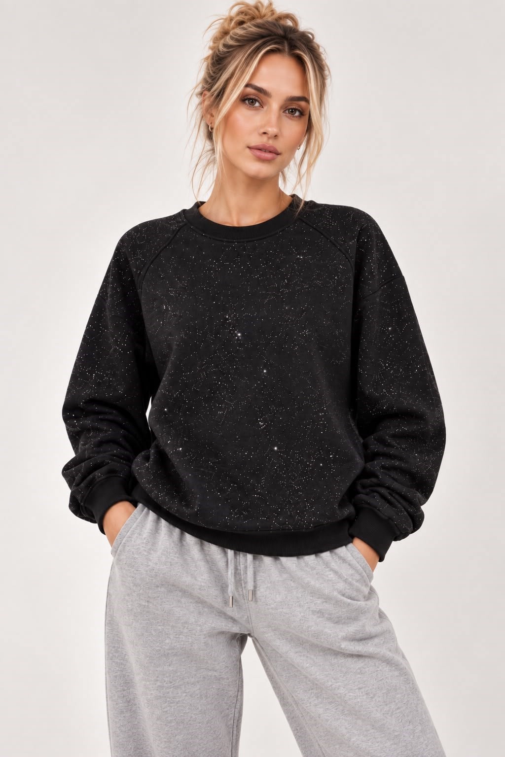 Kadın Bisiklet Yaka Işıltılı 3 iplik Sweatshirt Siyah