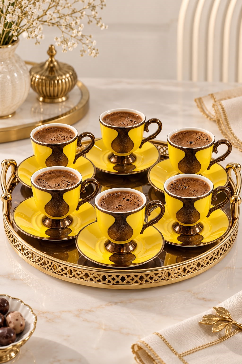 6'lı Gold Damla Desenli Fincan Takımı Sarı
