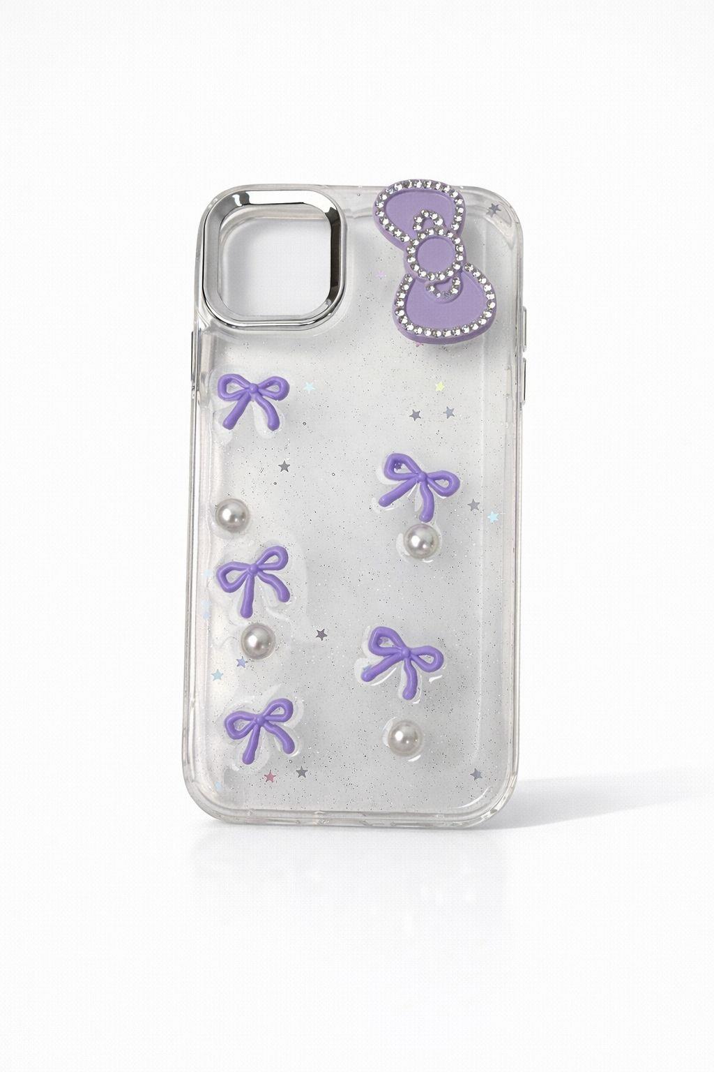 İphone 14 Pro Uyumlu Kurdeleli ve İnci Taşlı Kılıf Mor