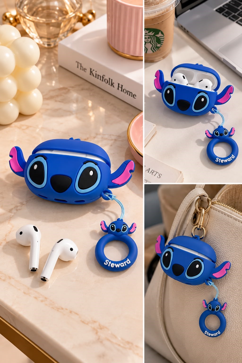 Stitch Figürlü Charmlı Airpods Kılıfı Mavi