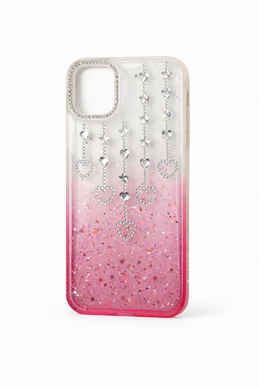 İphone 16 Pro Max Uyumlu Şeffaf ve Pembe Geçişli Kalp-Yıldız Taşlı Kılıf