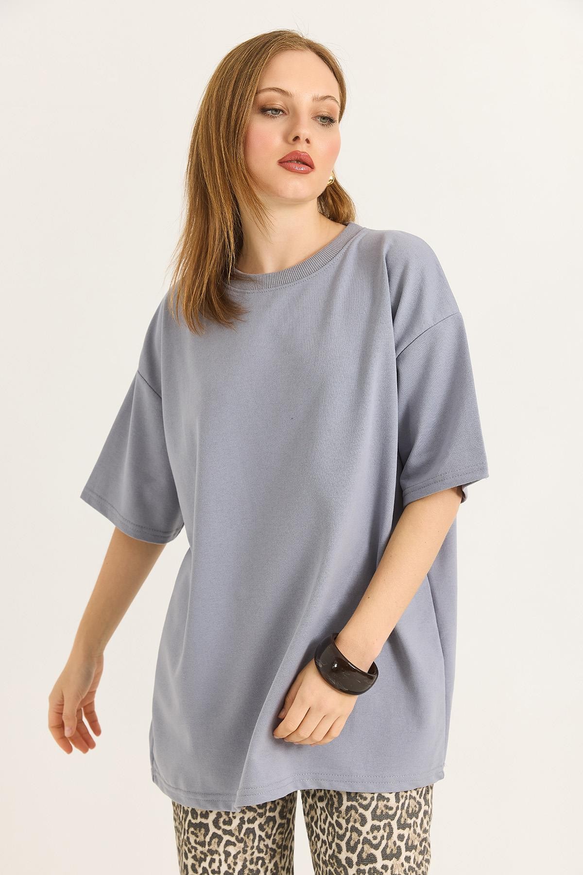Basic Bisiklet Yaka Tshirt Gri