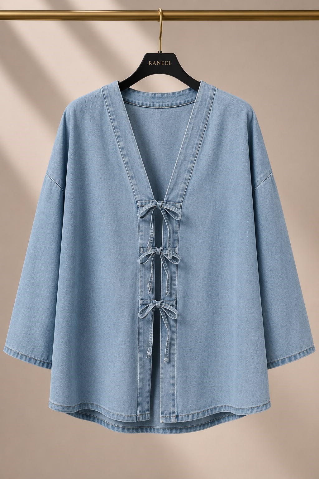 Kadın Oversize Önden Bağlamalı Kot Kimono Mavi