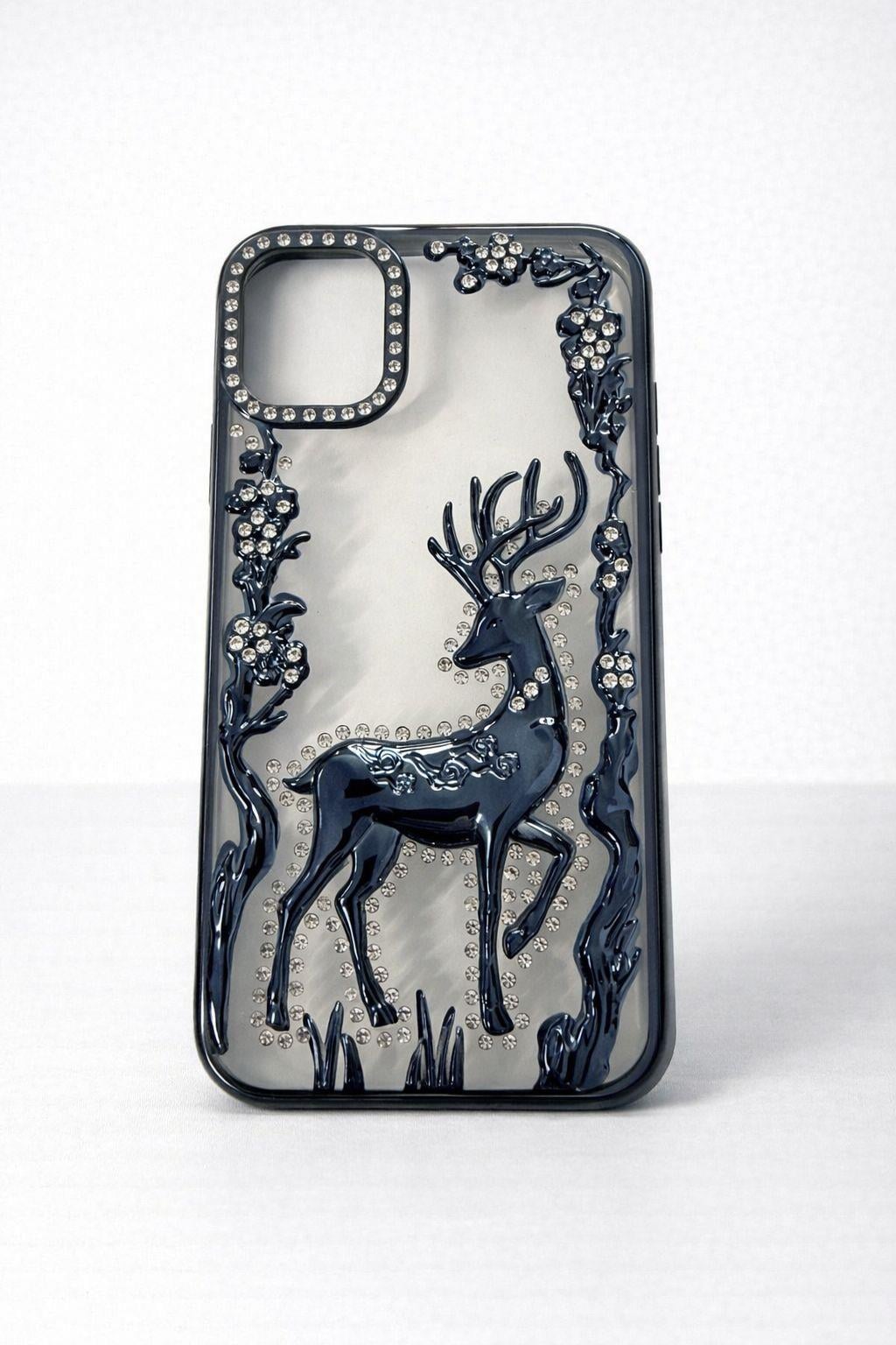 İphone 11 Uyumlu Geyik ve Çiçek Kabartmalı Kılıf Lacivert