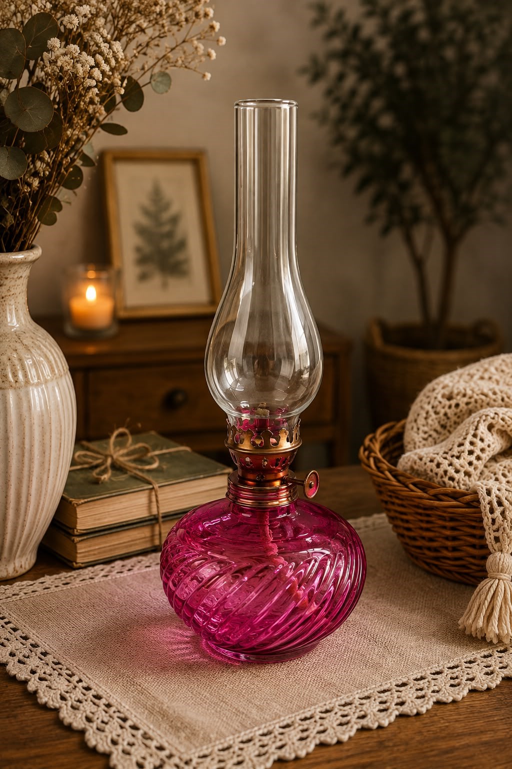 Vintage Dekoratif El Yapımı Cam Gaz Lambası Pembe