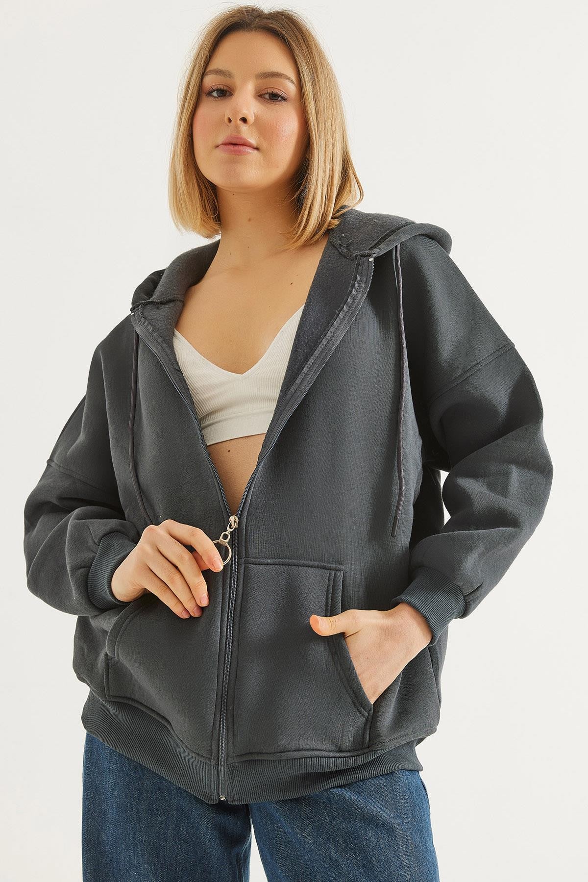 Kapüşonlu Fermuarlı Cepli Oversize Şardonlu Sweatshirt Antrasit
