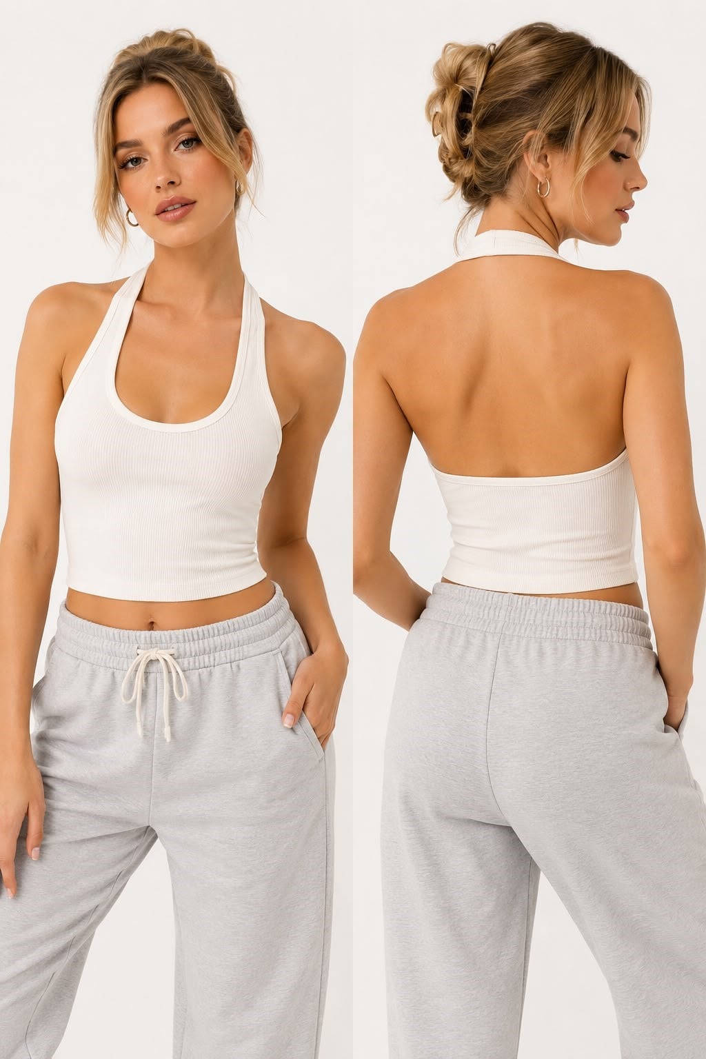 Kadın Halter Yaka Sırt Dekolteli Crop Bluz Beyaz