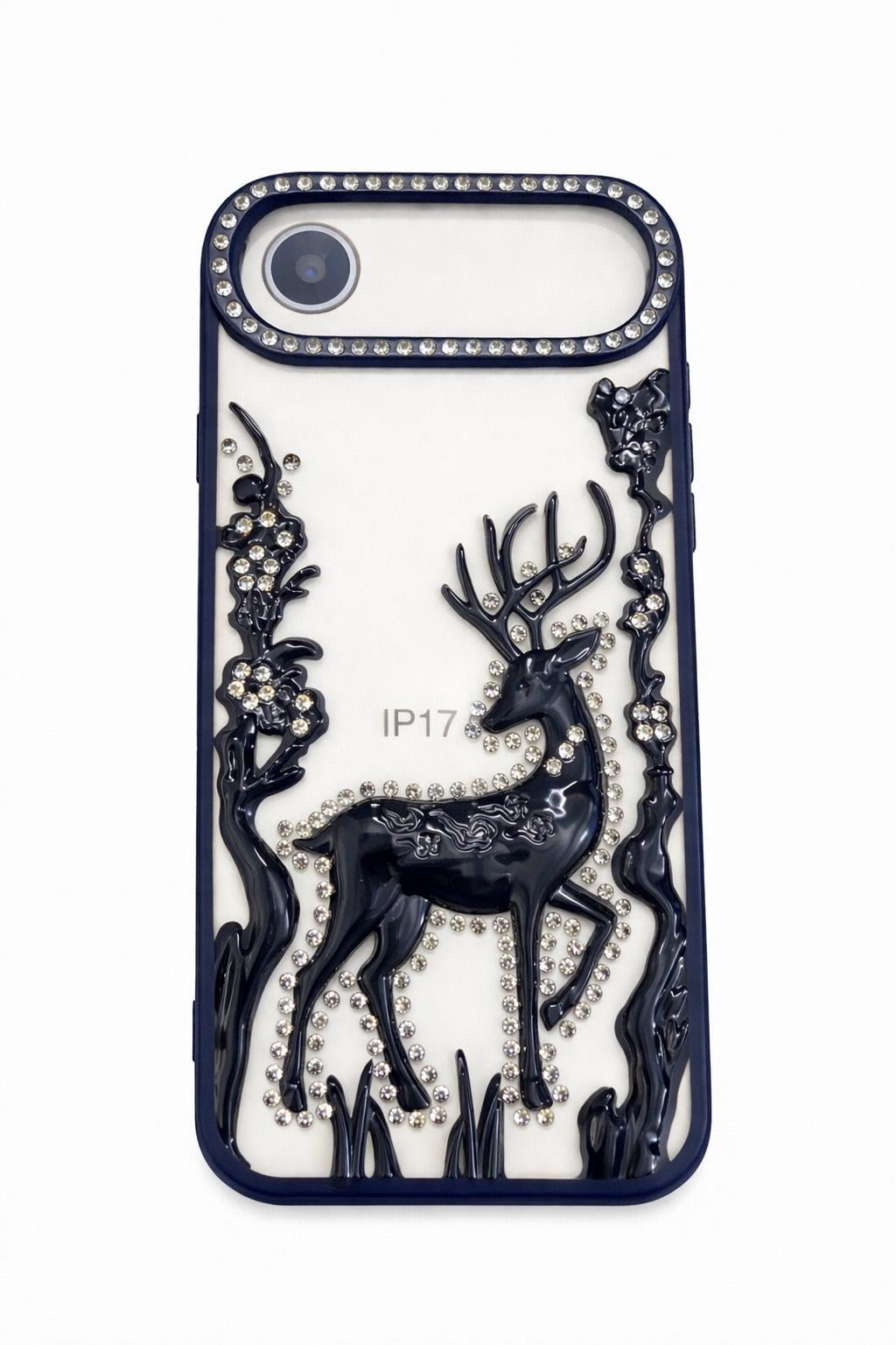 İphone 17 Air Uyumlu Geyik ve Çiçek Kabartmalı Kılıf Lacivert