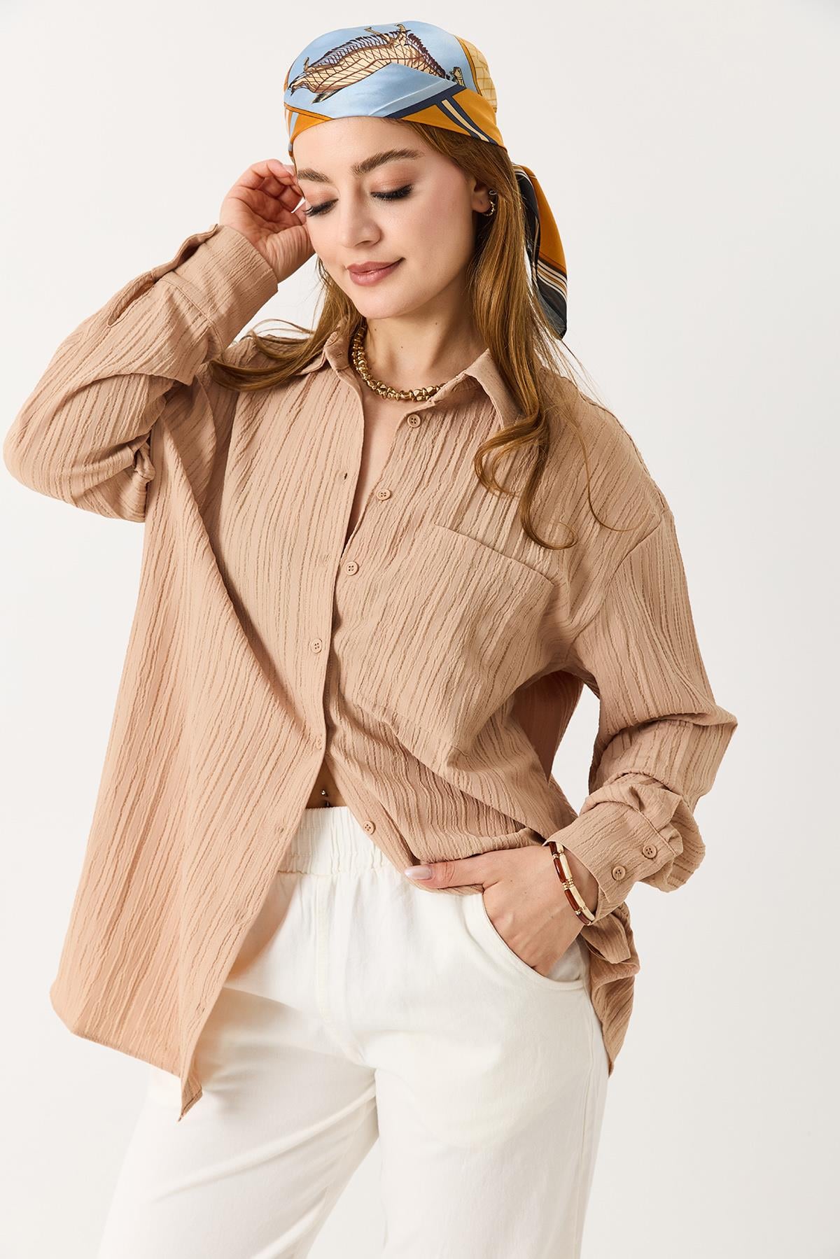 Kadın Oversize Müslin Kumaş Basic Gömlek Camel