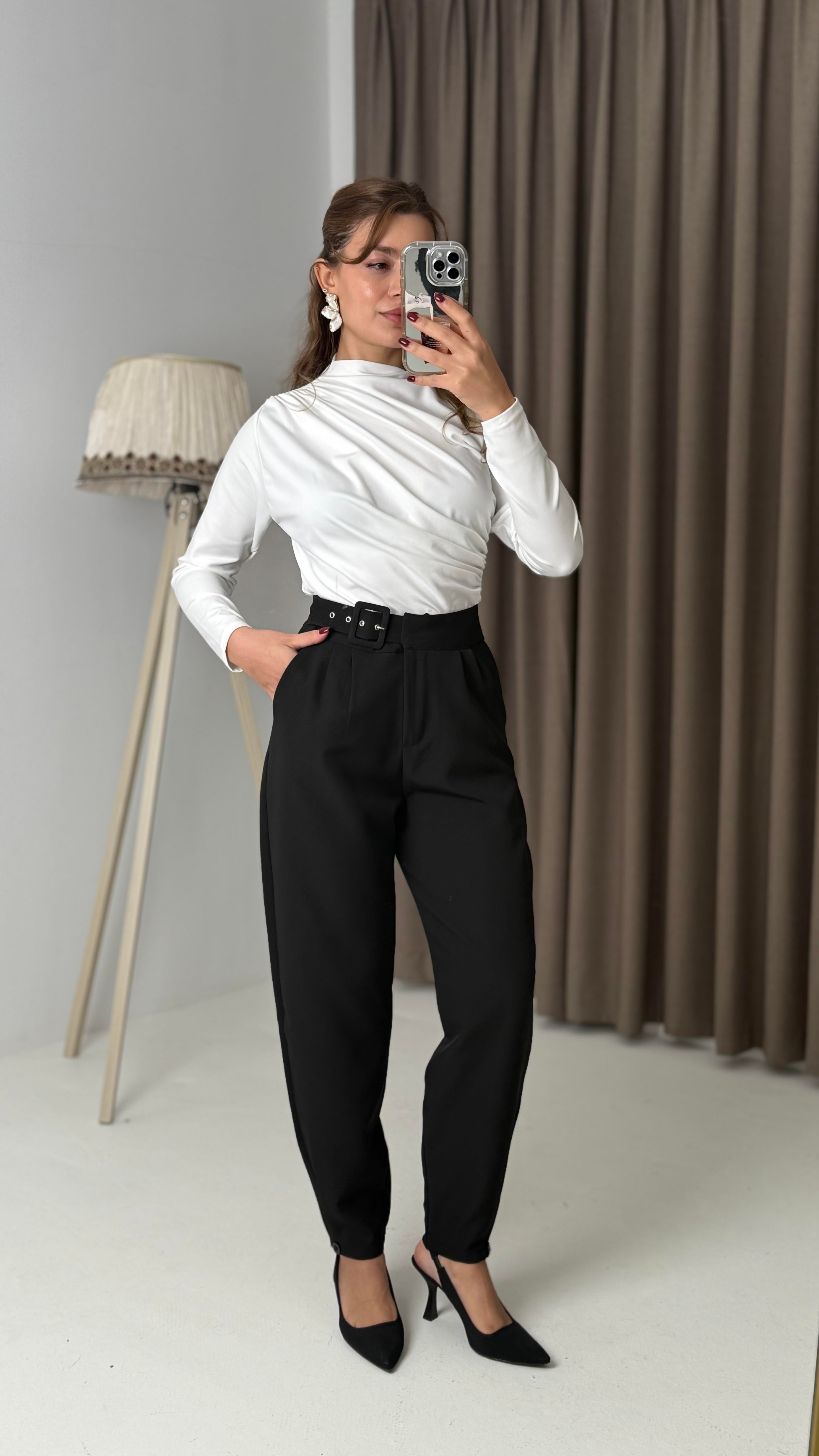 Yüksel BeLl Kemerli  Kumaş Pantolon Siyah