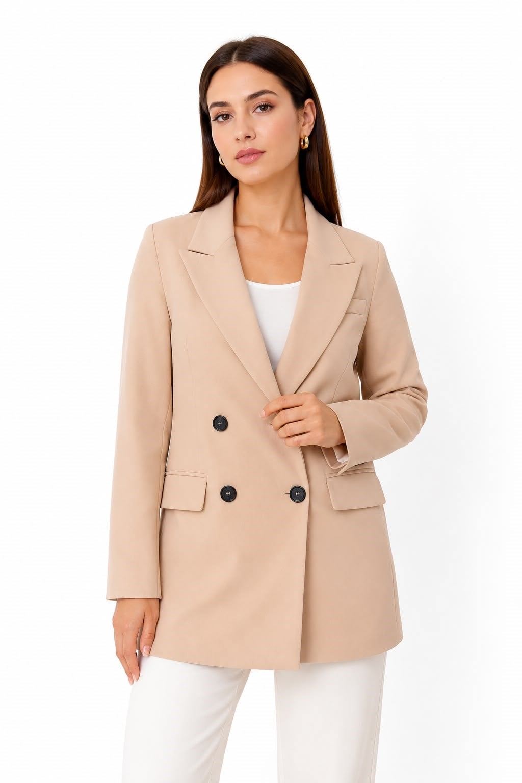Kadın Kruvaze Düğmeli Blazer Ceket Sütlü Kahve