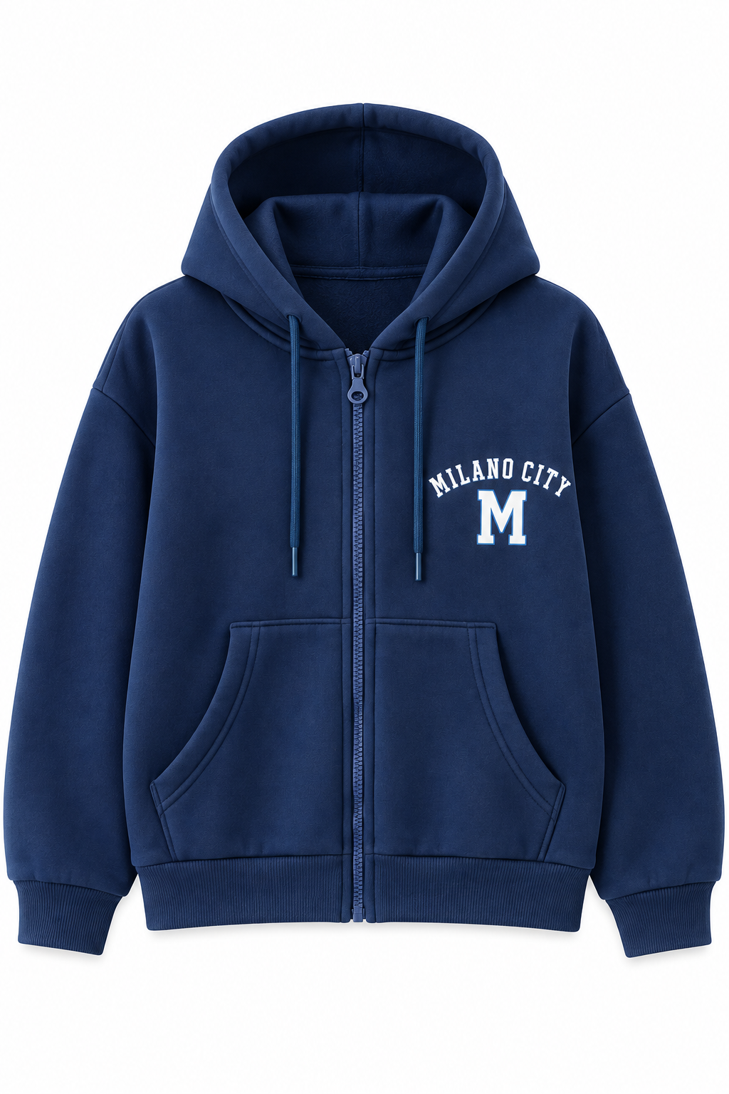 Kadın Milano City Baskılı Fermuarlı Kapüşonlu Oversize Sweatshirt Lacivert