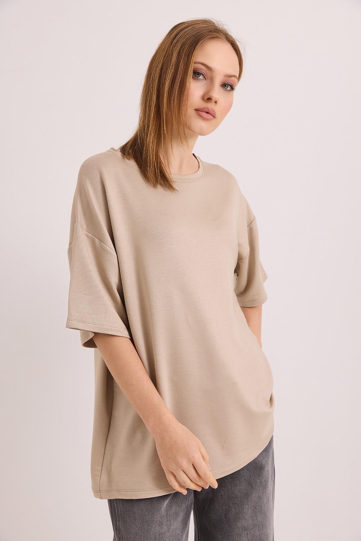Oversize Yumuşak Dokulu Salaş T-Shirt Vizon