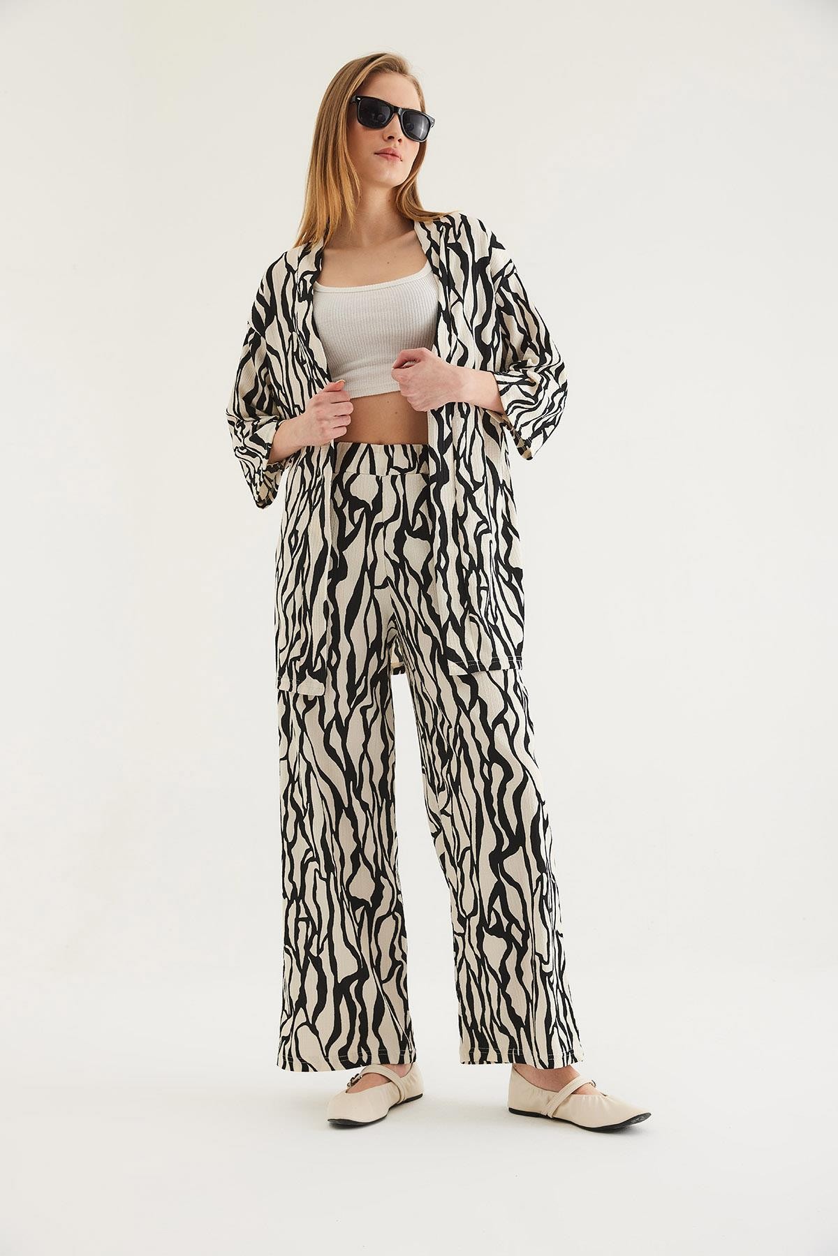 Kimono Pantolon Krinkıl Kadın İkili Takım Siyah · 3