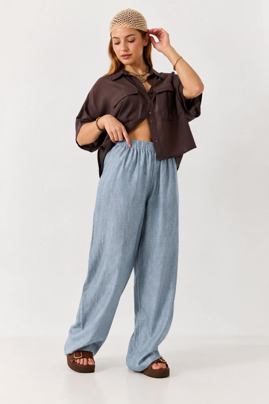 Kadın Desenli Beli Lastikli Bol Kesim Pantalon Mavi