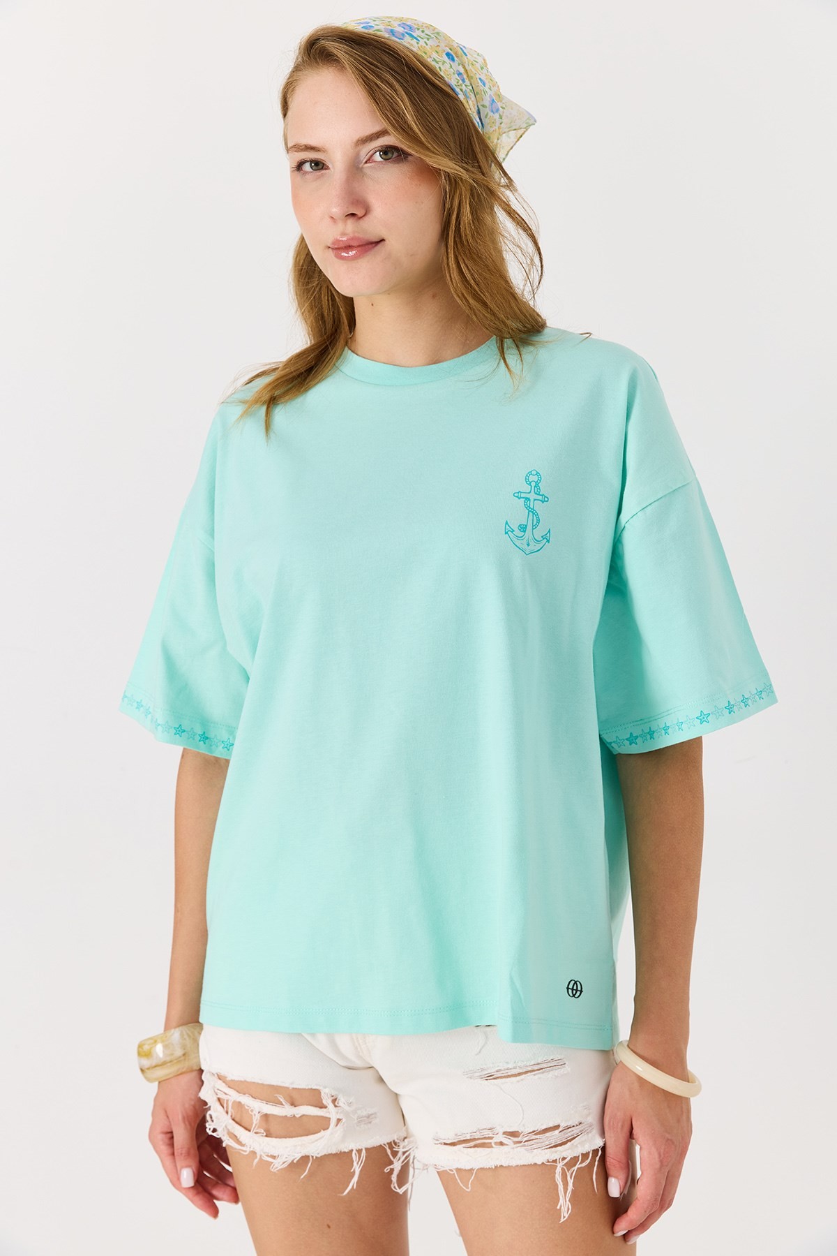 Kadın Bisiklet  Salaş Yaka Pembe Baskılı Tshirt Su Yeşili