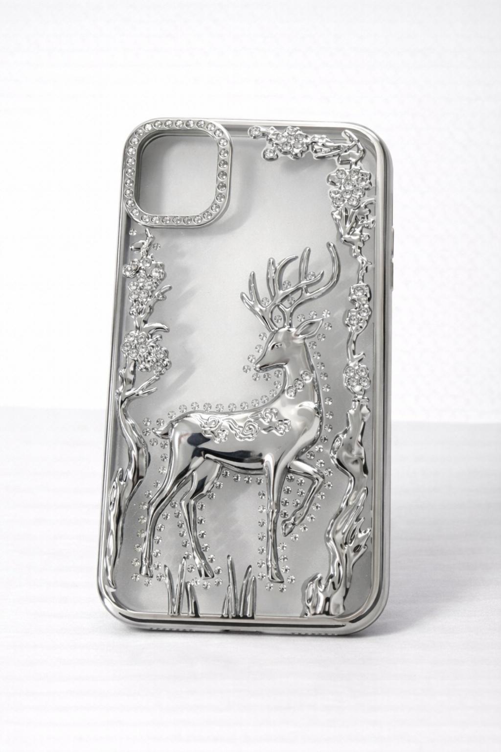 İphone 15 Pro Max Uyumlu Geyik ve Çiçek Kabartmalı Kılıf Gri