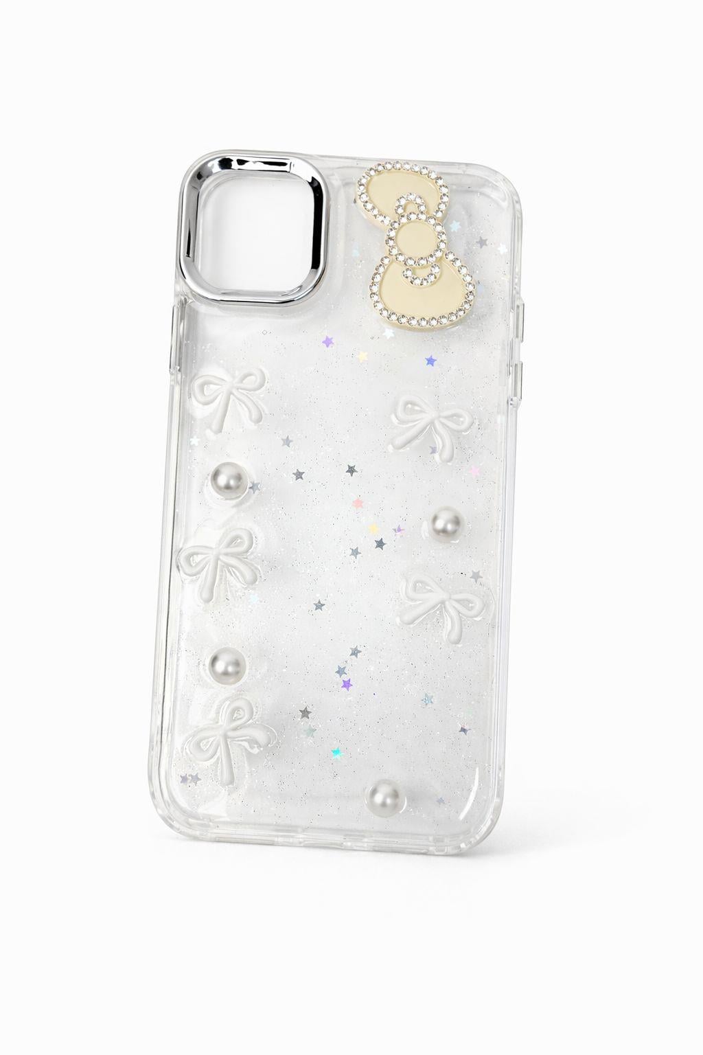 İphone 16 Uyumlu Kurdeleli ve İnci Taşlı Kılıf Beyaz