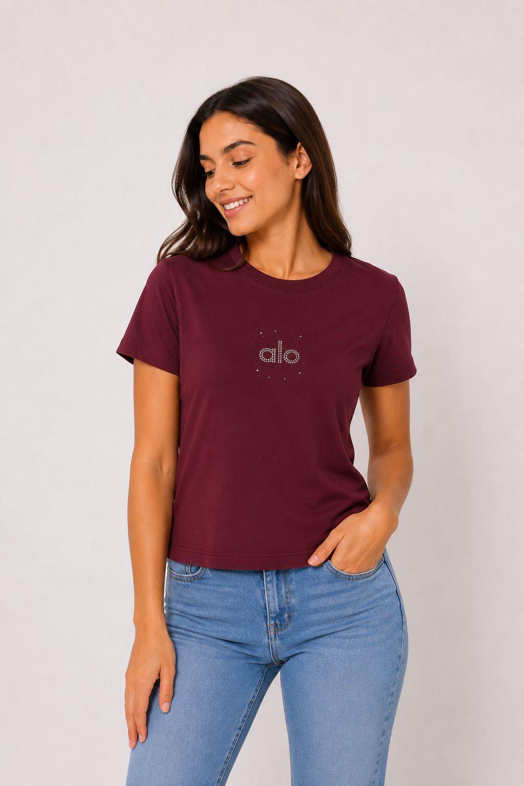 Kadın Baskılı Bisiklet Yaka Crop Bluz Bordo