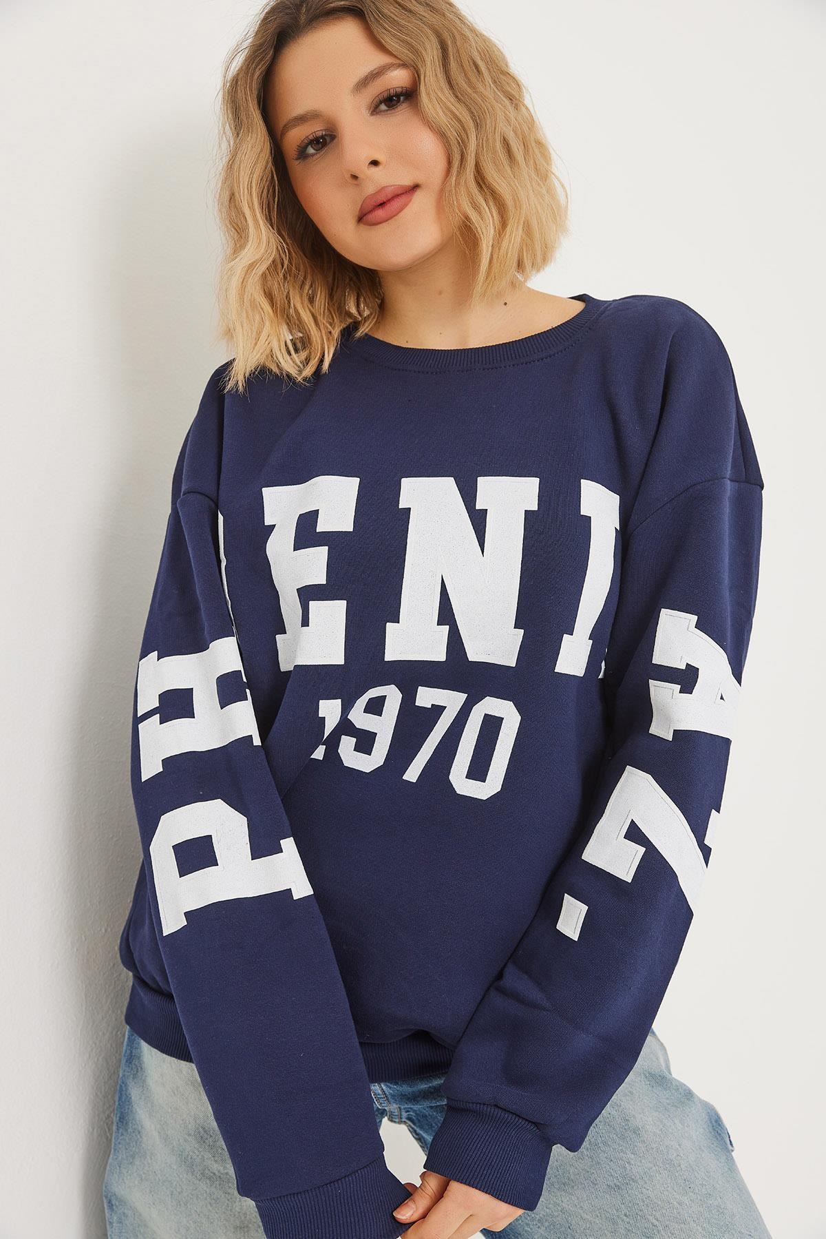 Üç İplik Baskılı Kapüşonlu Sweatshirt Lacivert