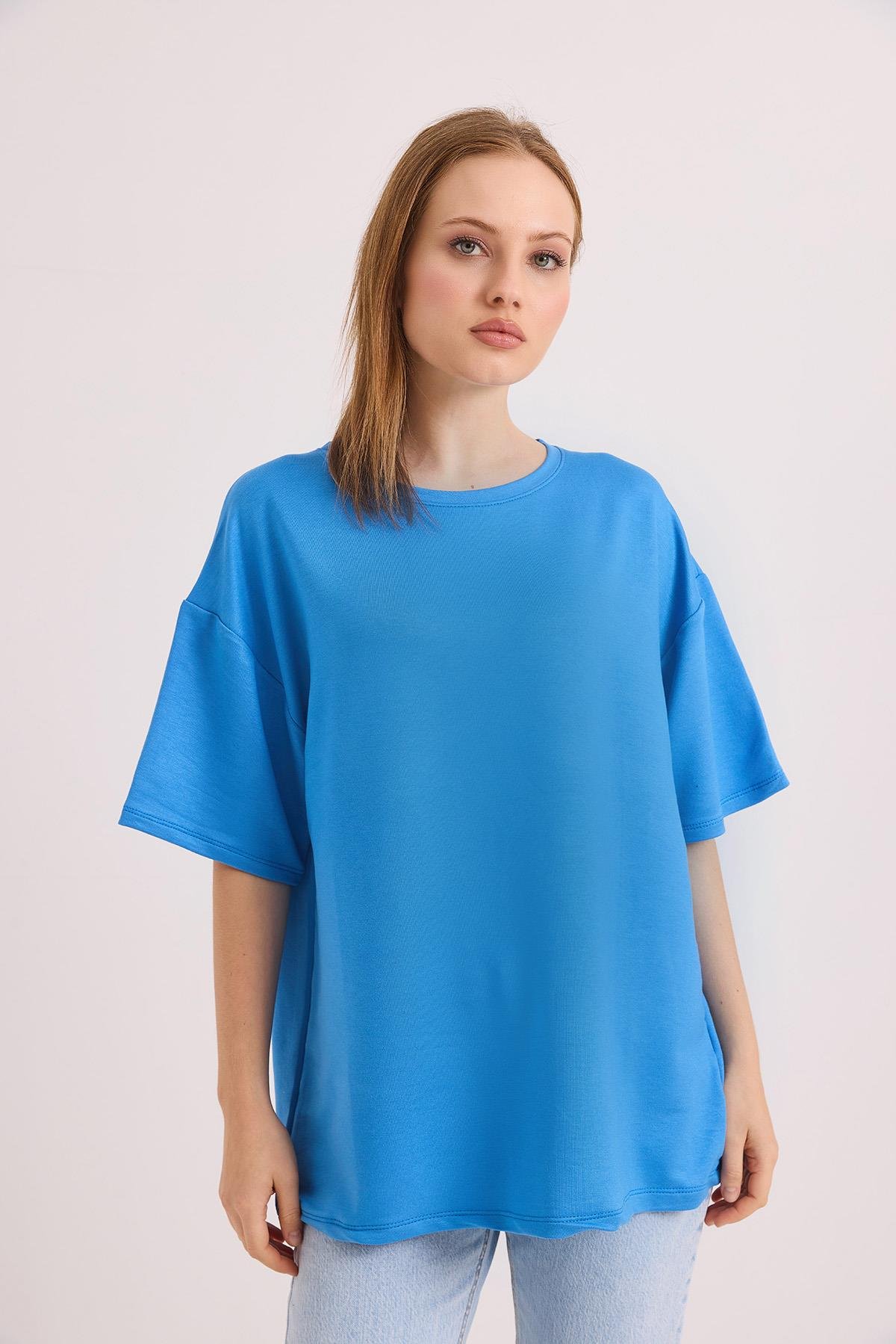 Oversize Yumuşak Dokulu Salaş T-Shirt Mavi
