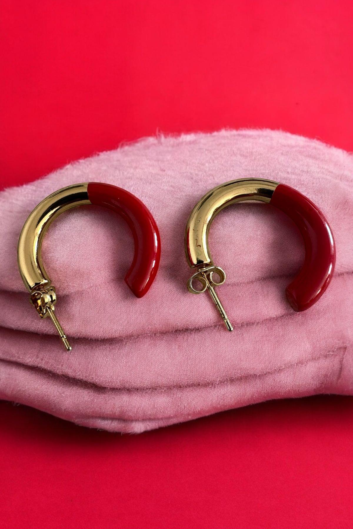 İki Renklı Kırmızı Gold Çelik Halka Küpe