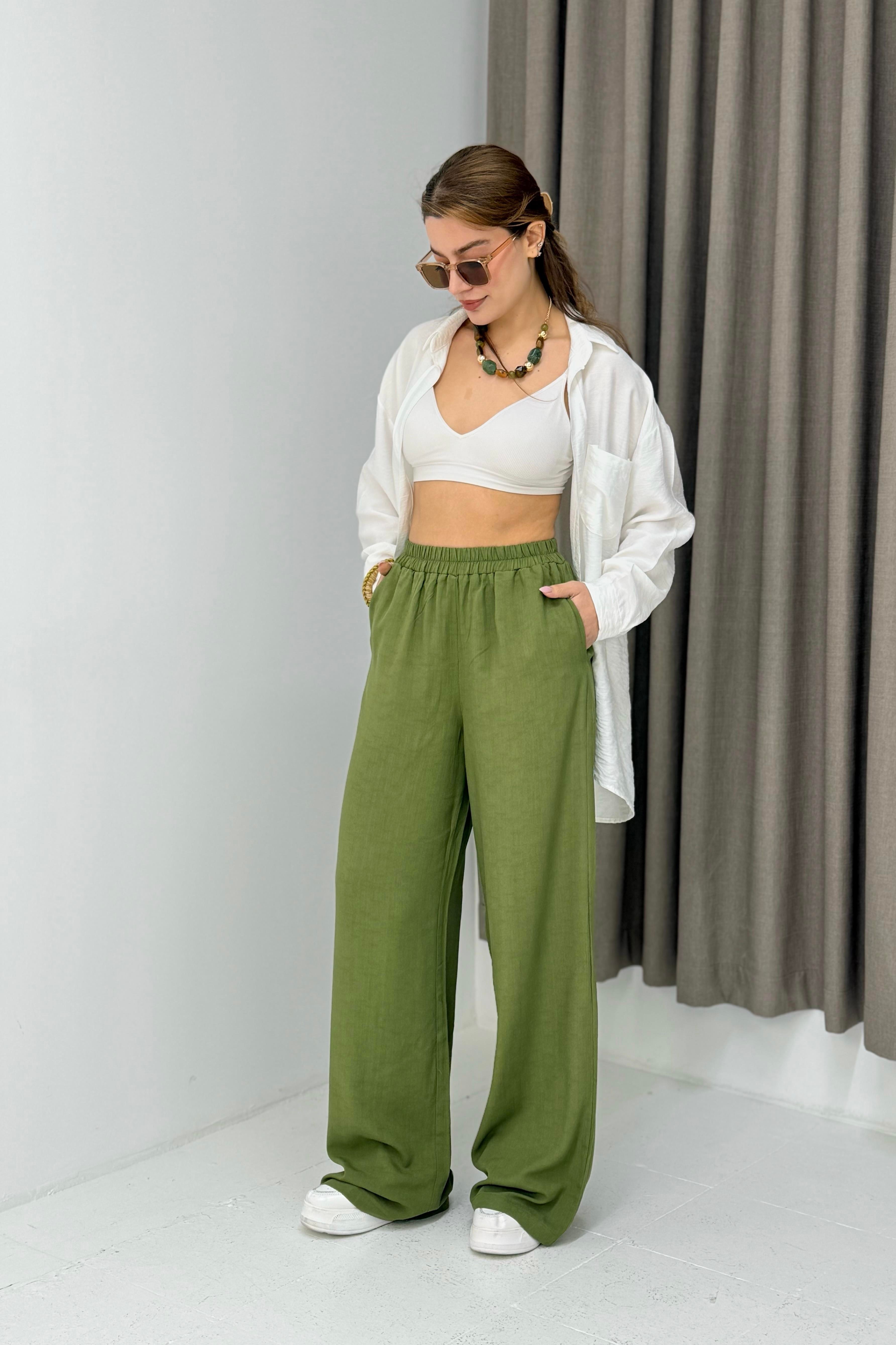 Kadın Rahat Kesim Yüksek Bel Pantolon Yeşil