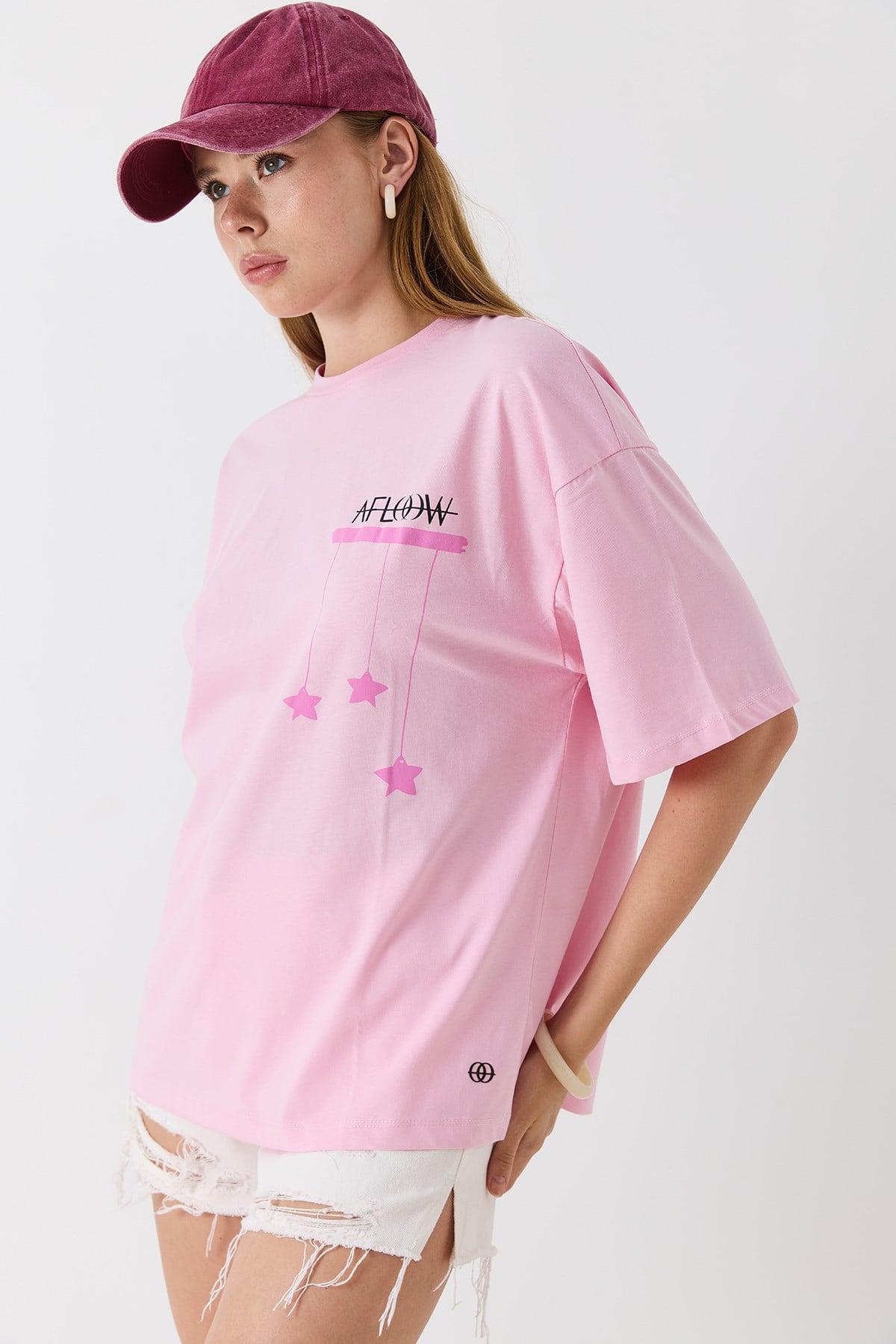 Kadın Bisiklet  Salaş Yaka Pembe Baskılı Tshirt