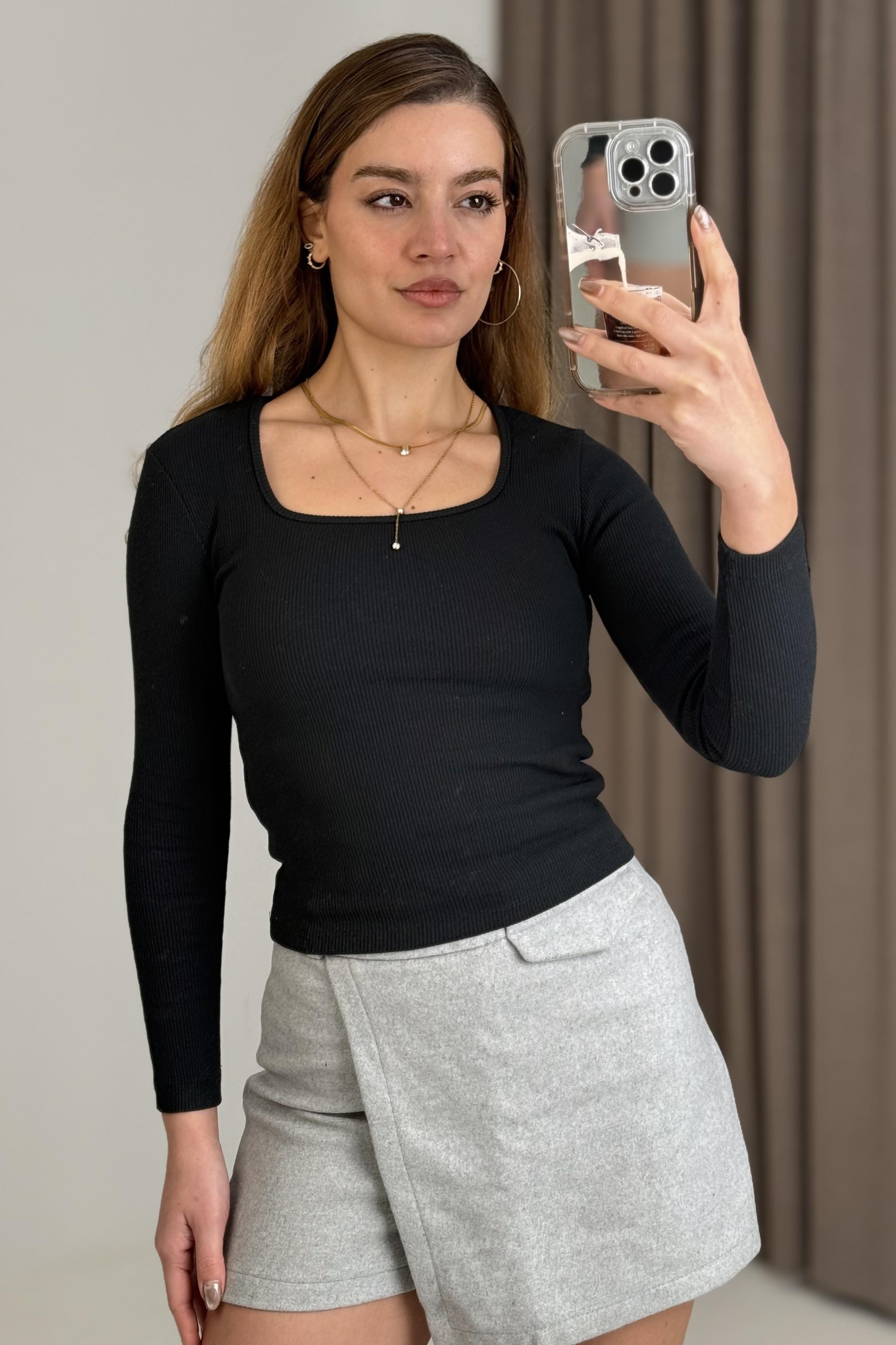 Kadın Fitilli Kare Yaka Uzun Kollu Bluz  Siyah