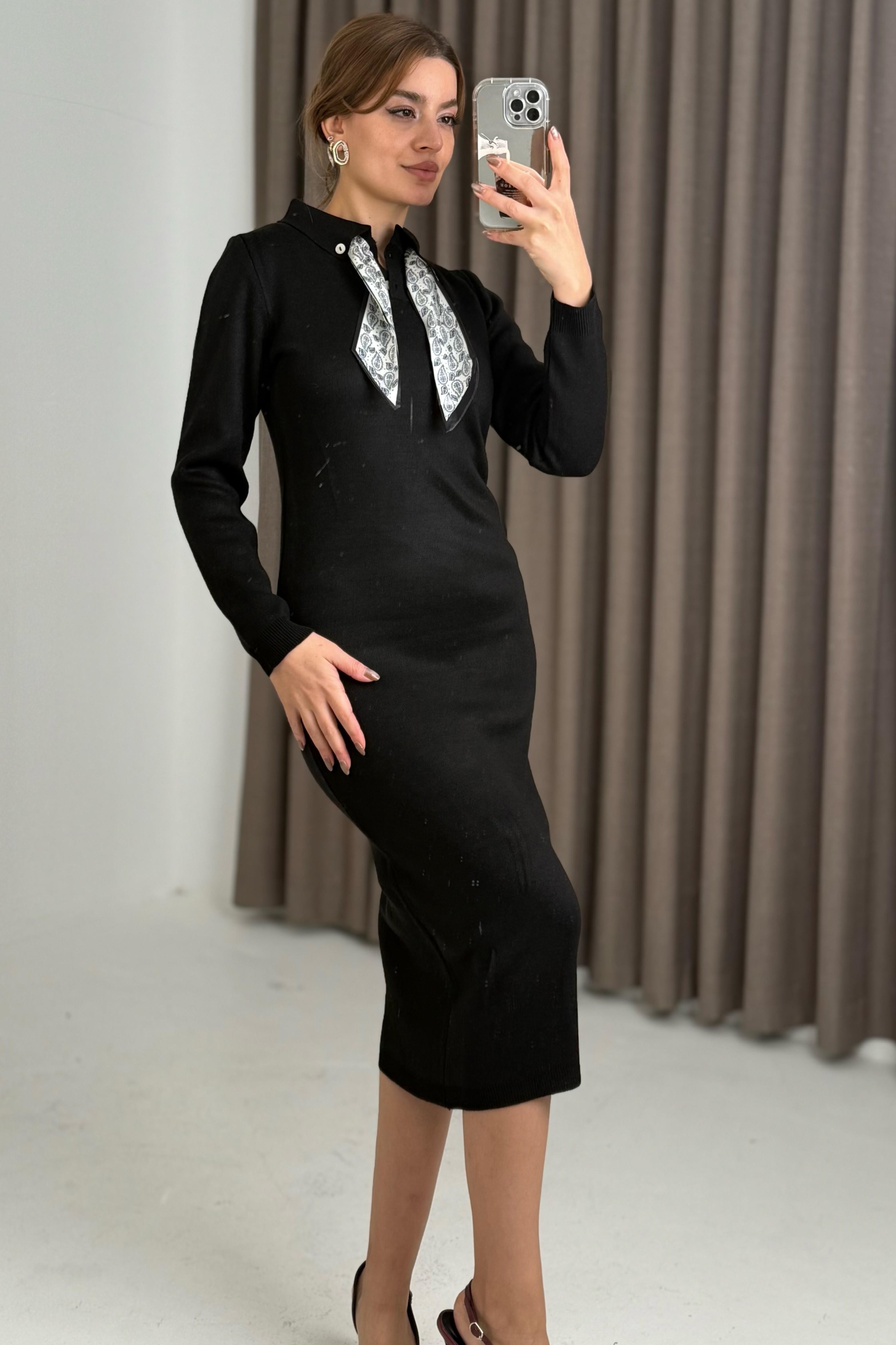 Fularlı Siyah Triko Düğmeli Midi Boy Triko Elbise