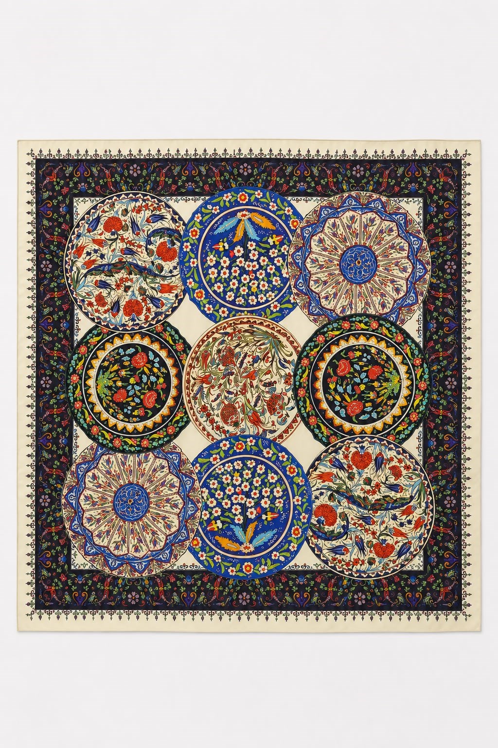 Kadın 45X45 Ölçülü Çini Desenli Fular Ekru