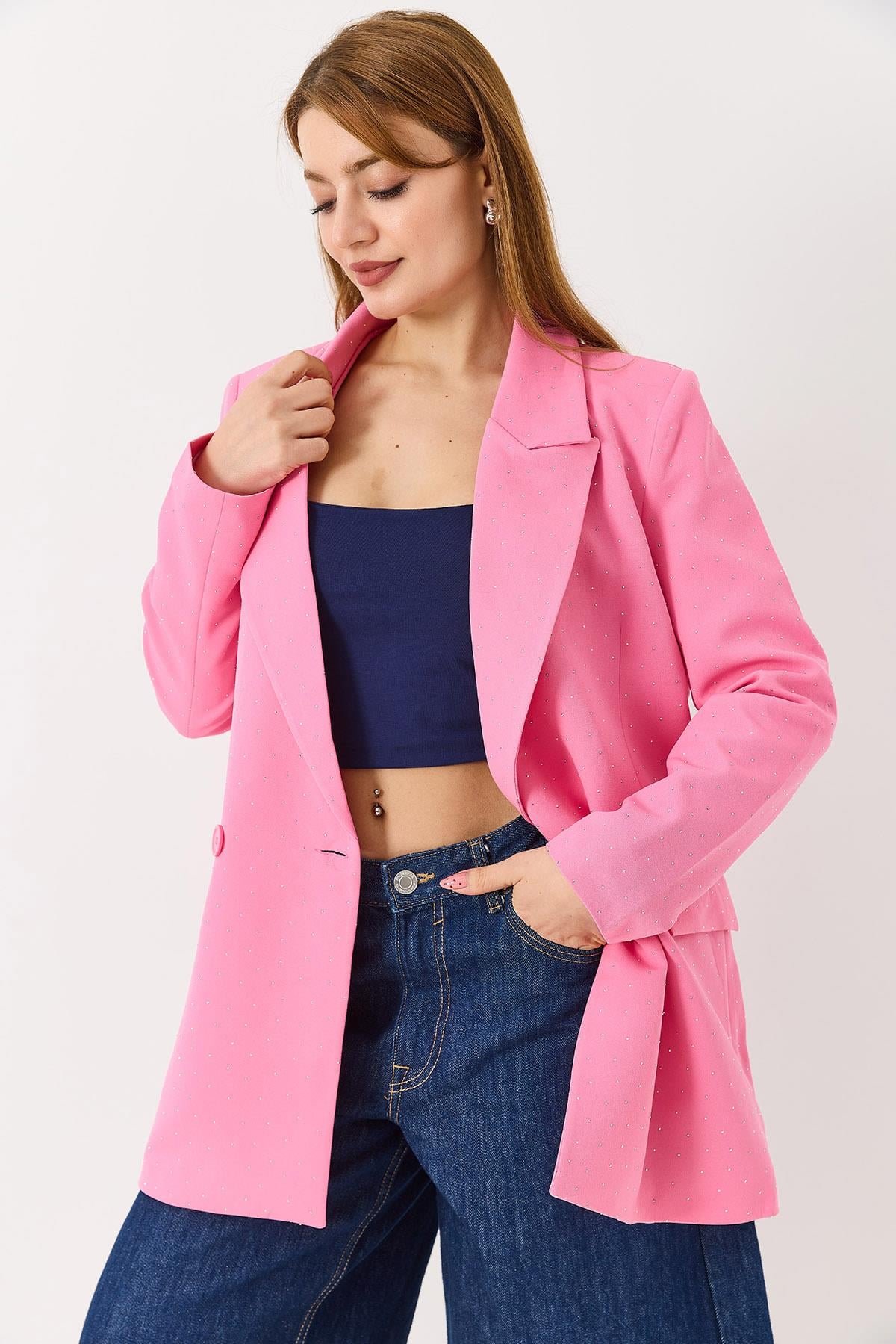 Kadın Kruvaze Yaka Çift Düğmeli Blazer Ceket Pembe