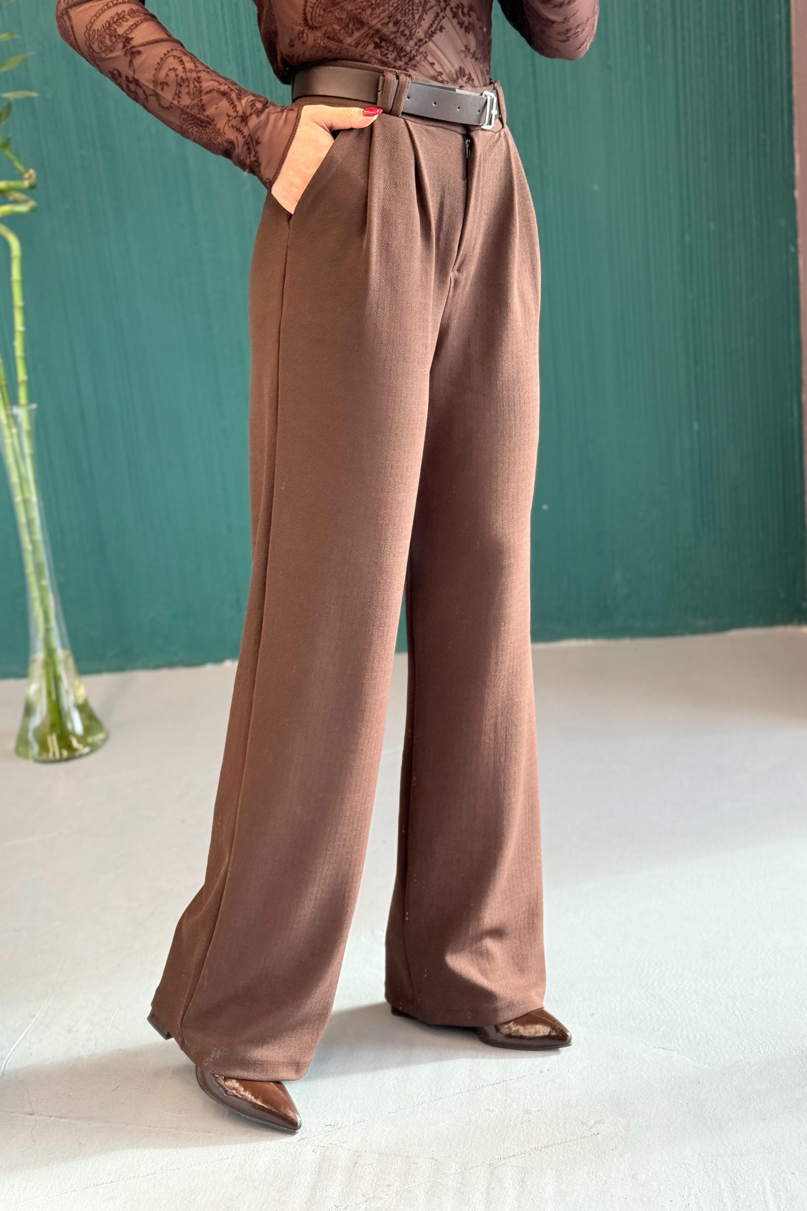 Likralı Krep Örme Kumaş Kemerli Salaş Pantolon Kahverengi