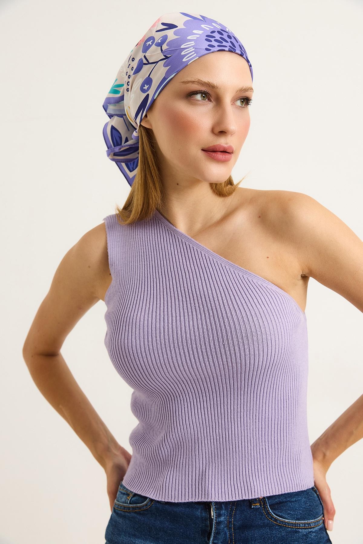 Tek Omuz Fitilli Kaşkorse Kadın Bluz Lila