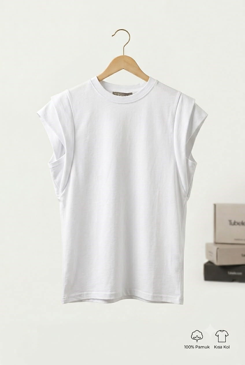 Vatka Görünümlü Basic Bisiklet Yaka Tshirt Beyaz
